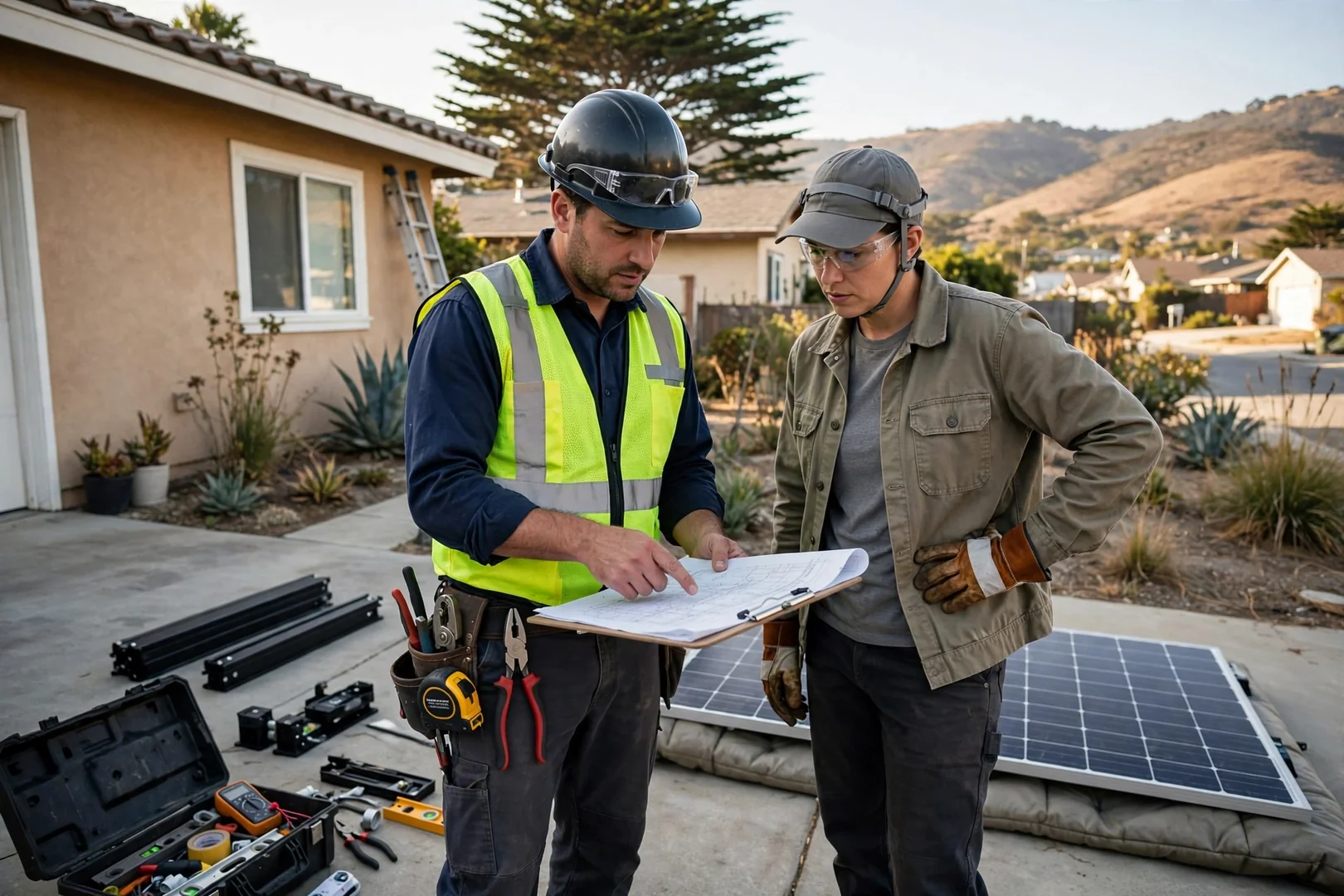 Contractor reviewing commercial solar cost estimate and array layout plans at a Salinas business site