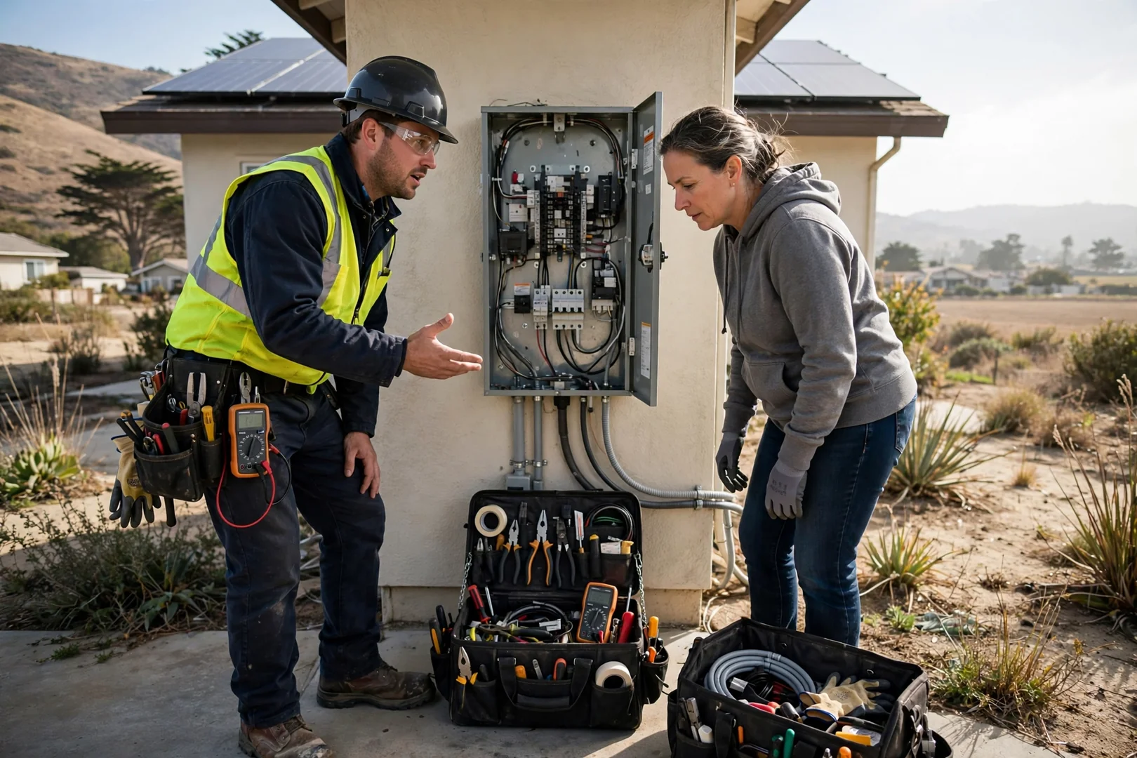 Technician reviewing commercial rooftop solar array layout on a Salinas building
