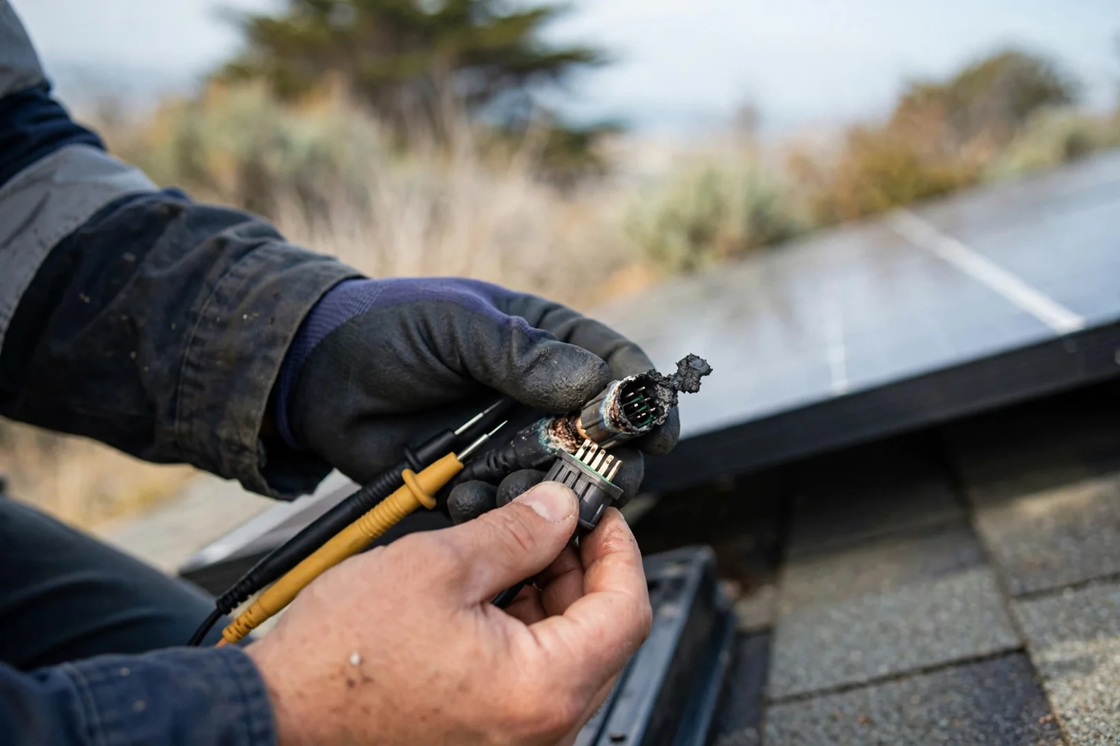 Technician checking three-phase inverter and disconnect on business wall