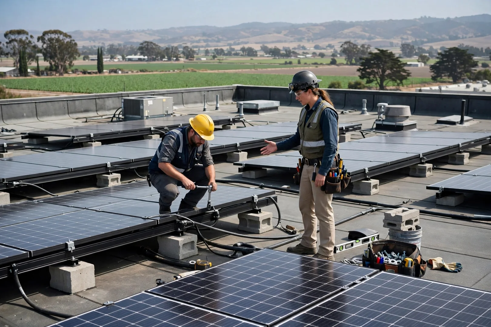 Ballasted solar array spanning a flat packing facility roof in Salinas