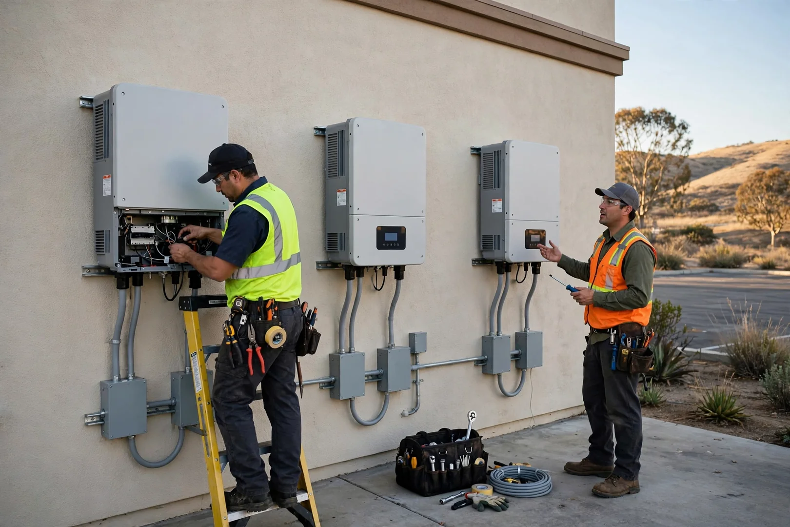 Wide shot of three-phase string inverters mounted along a retail building wall