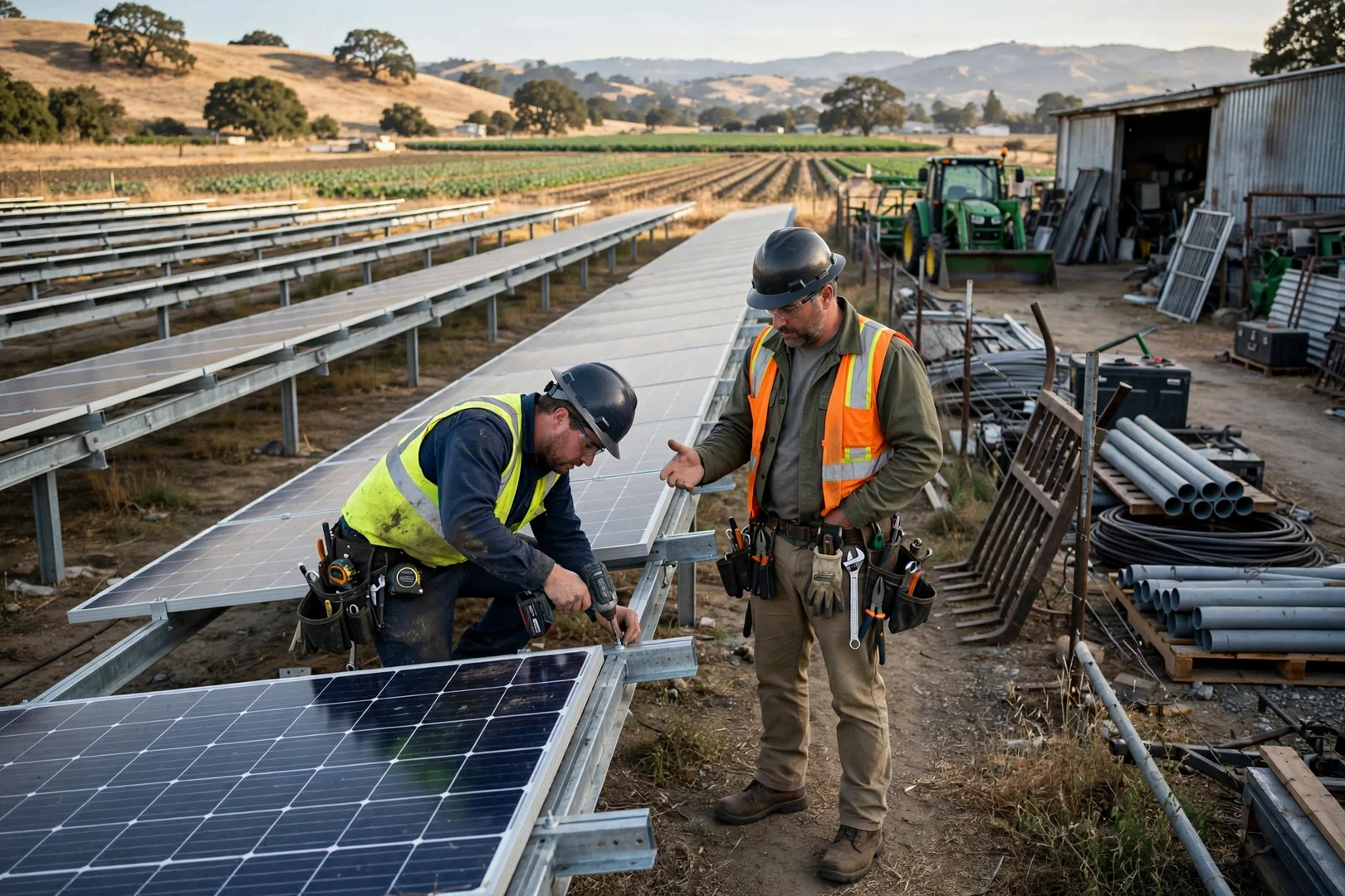 Ground-mounted solar racking rows beside an agricultural equipment yard