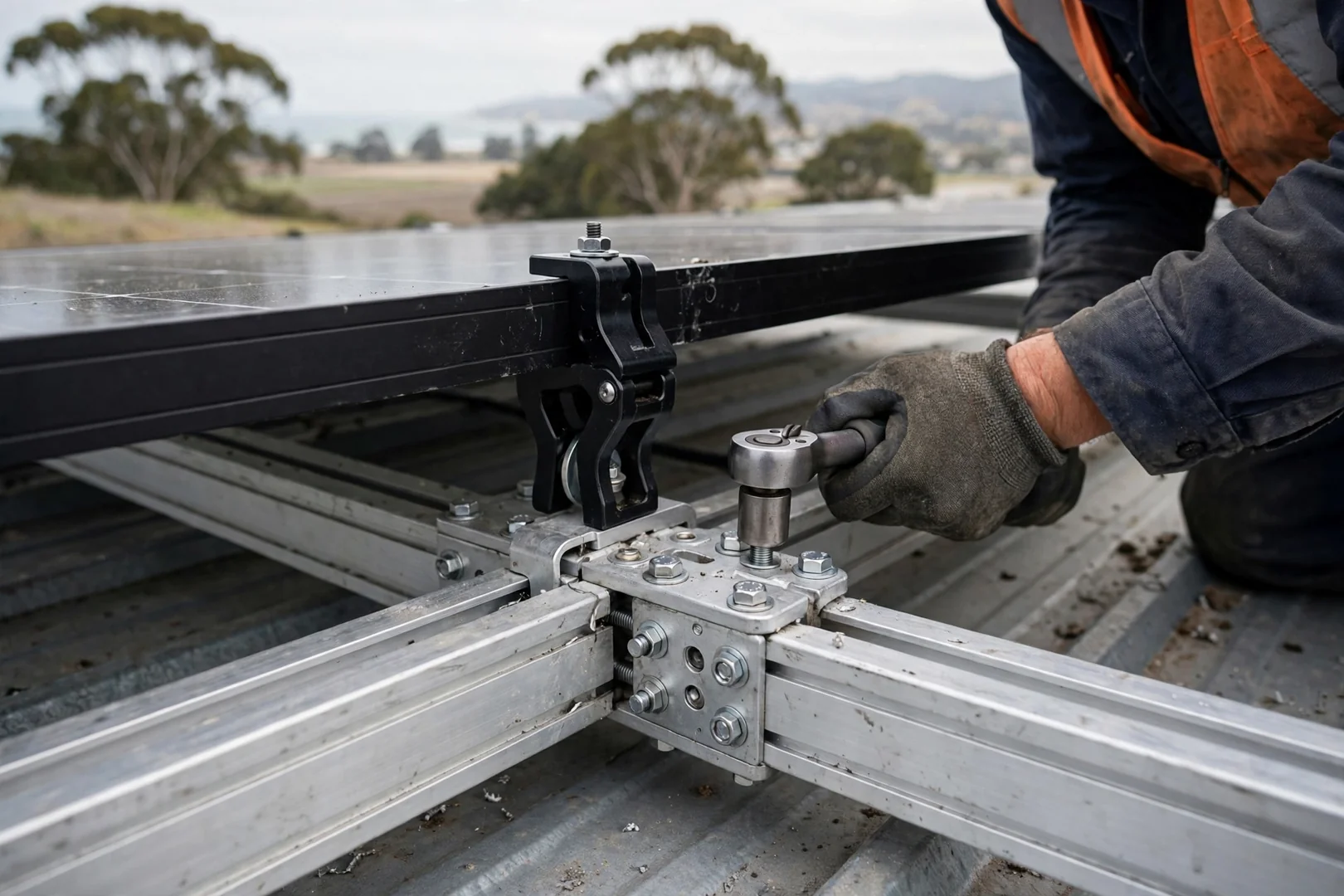 Close-up of module clamps and rail splices on a cold storage roof