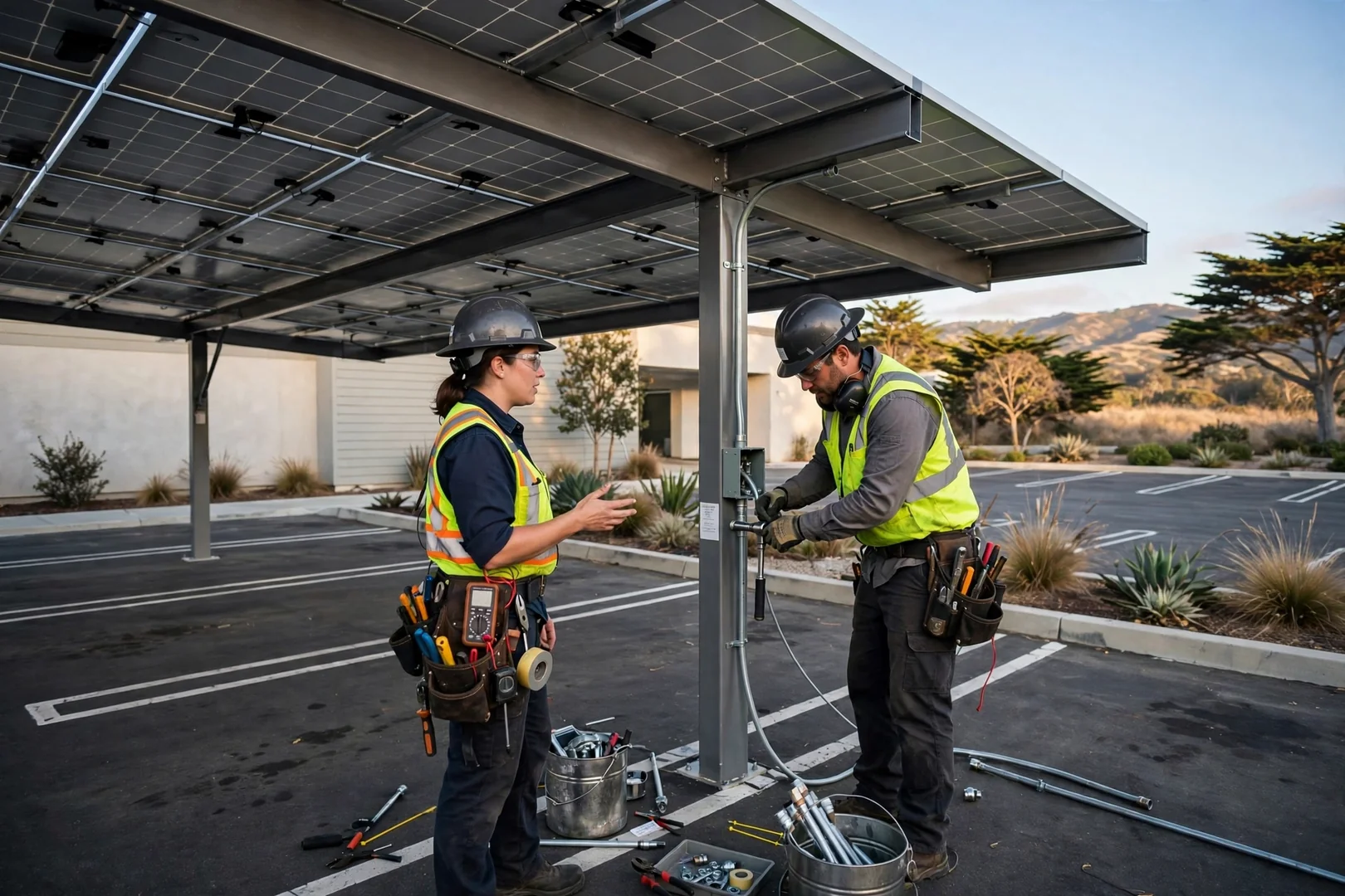 Solar carport canopy covering marked parking stalls at an office property