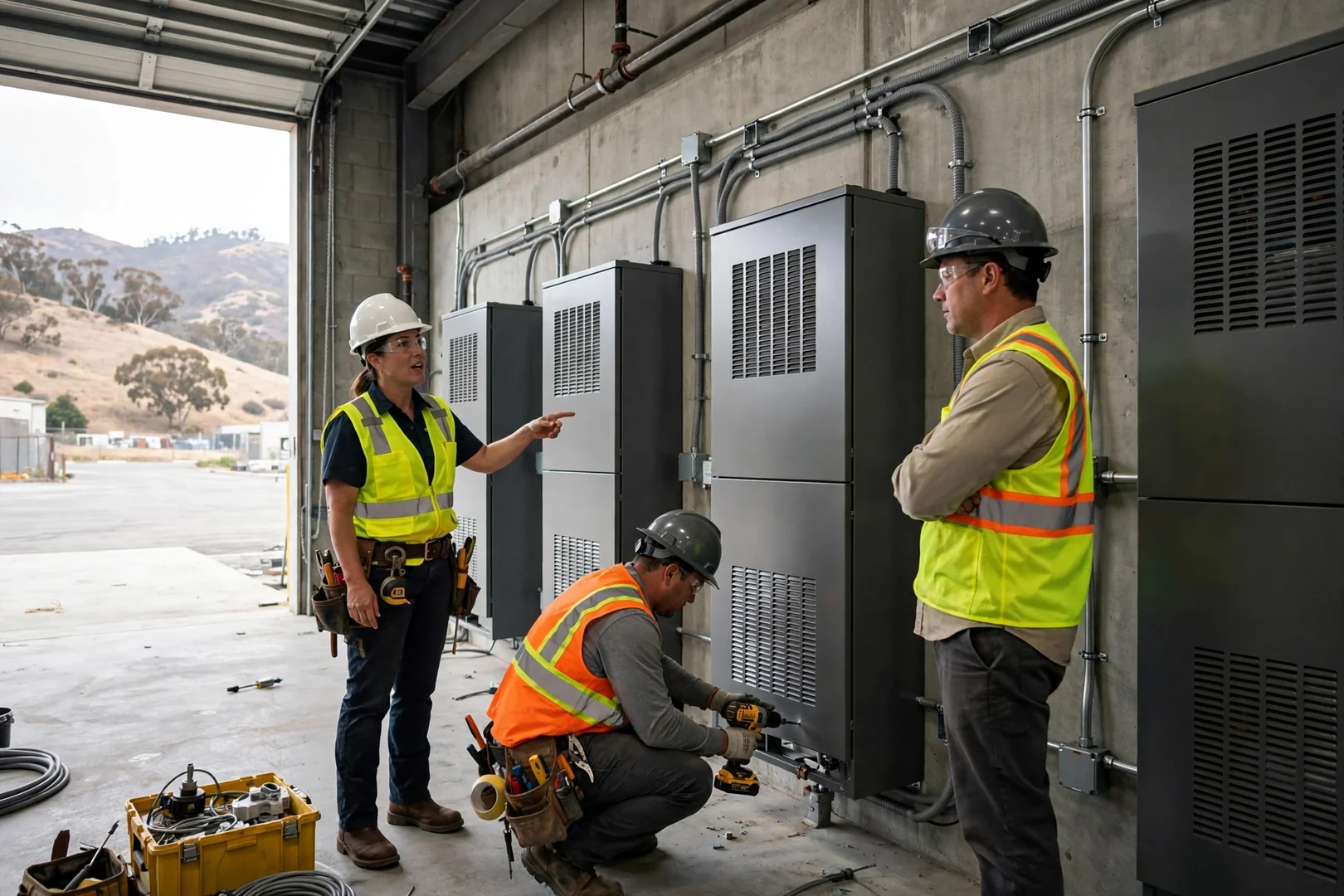 Commercial battery cabinets and conduit runs installed inside an industrial bay