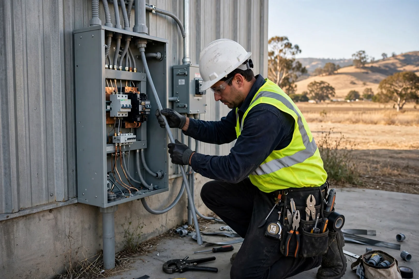 Electrician routing conduit to warehouse switchgear during solar interconnection work