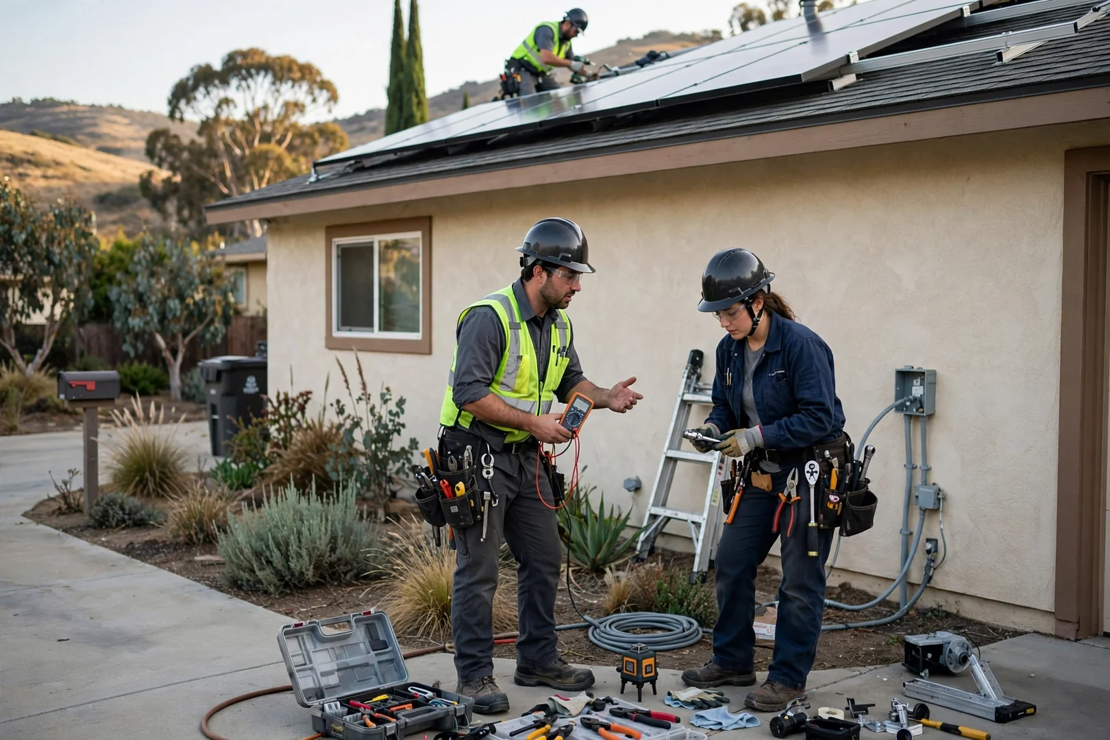 Crew installing commercial rooftop solar array in Salinas