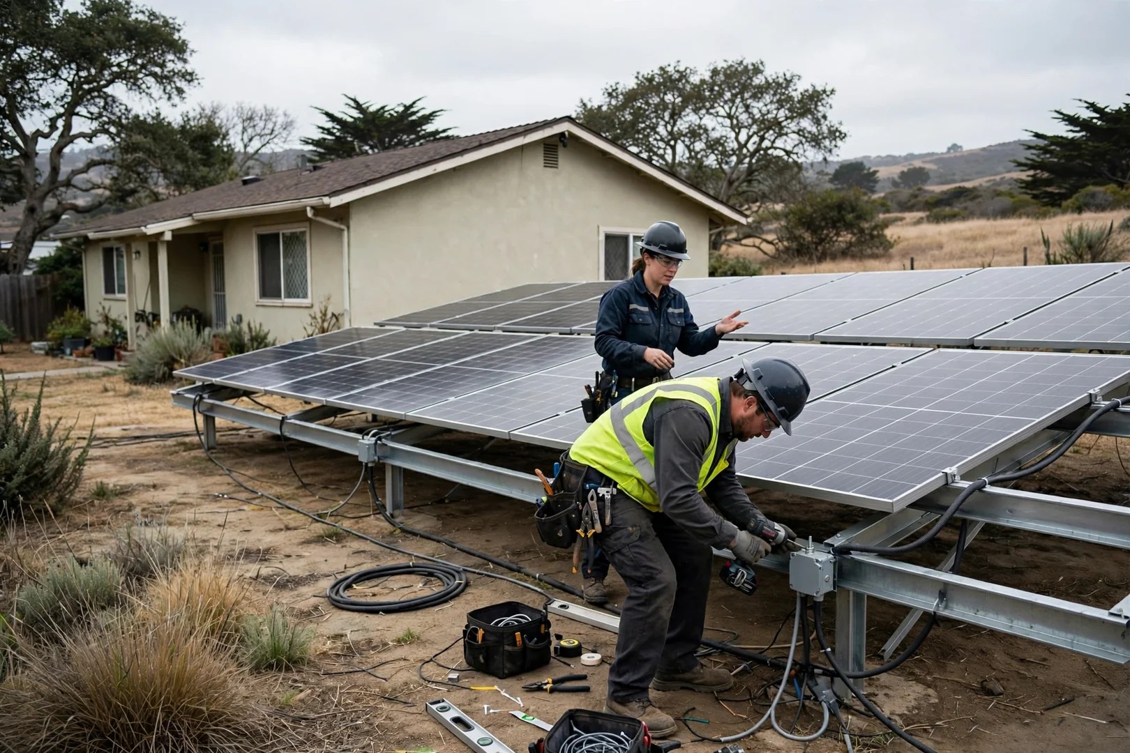 Two-row ground-mounted solar array behind a single-story Salinas home