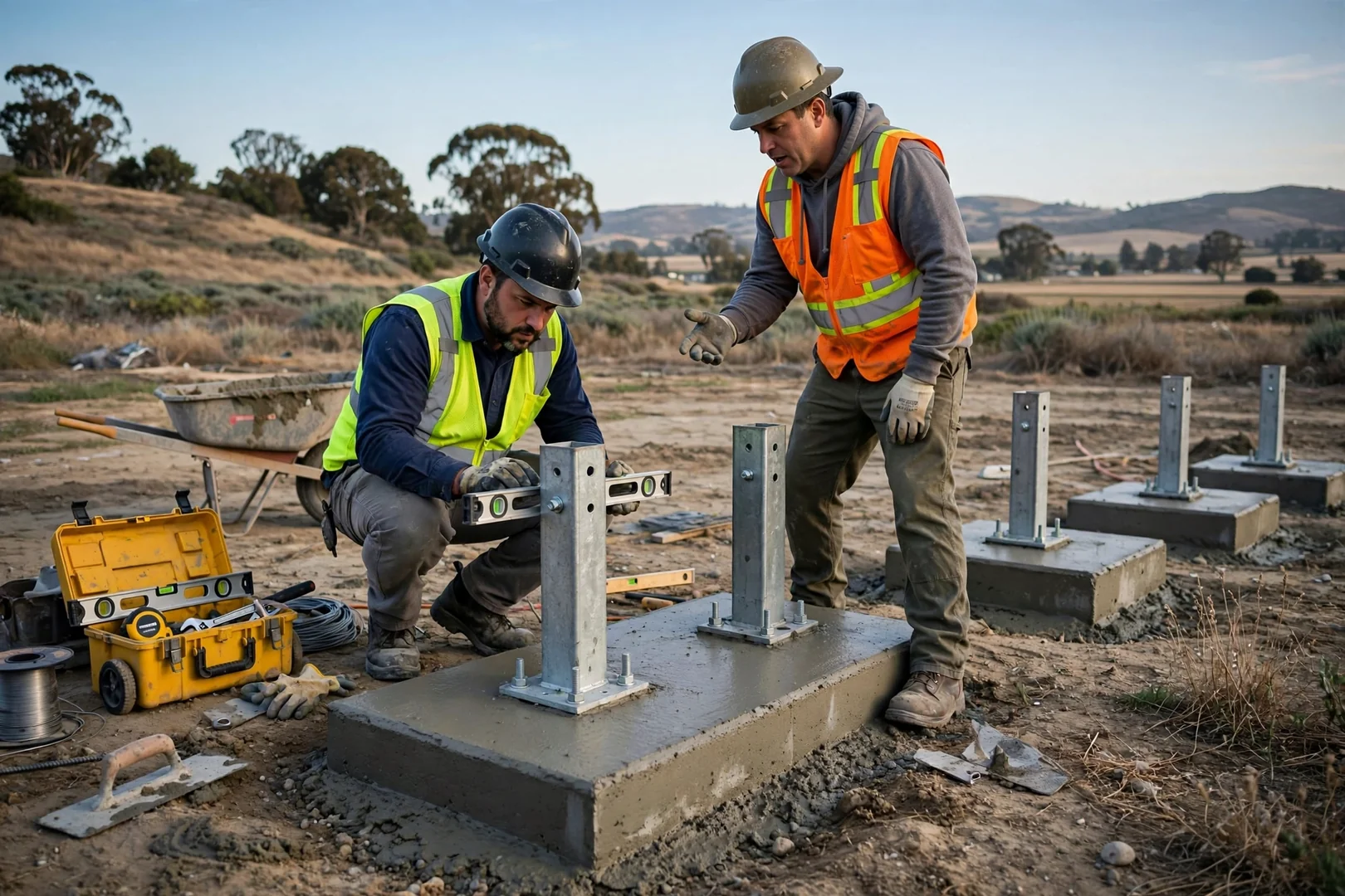 Freshly poured concrete pier footings with steel anchor posts on open ground