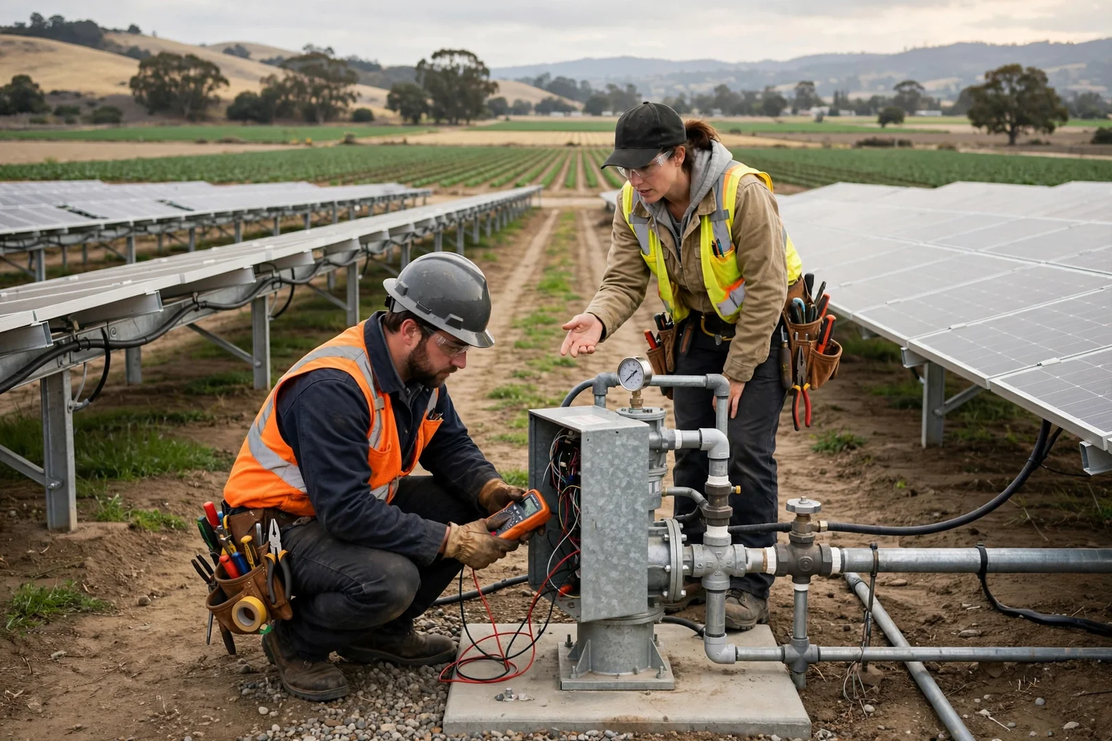 Ground-mount solar rows powering an irrigation well pump on farmland