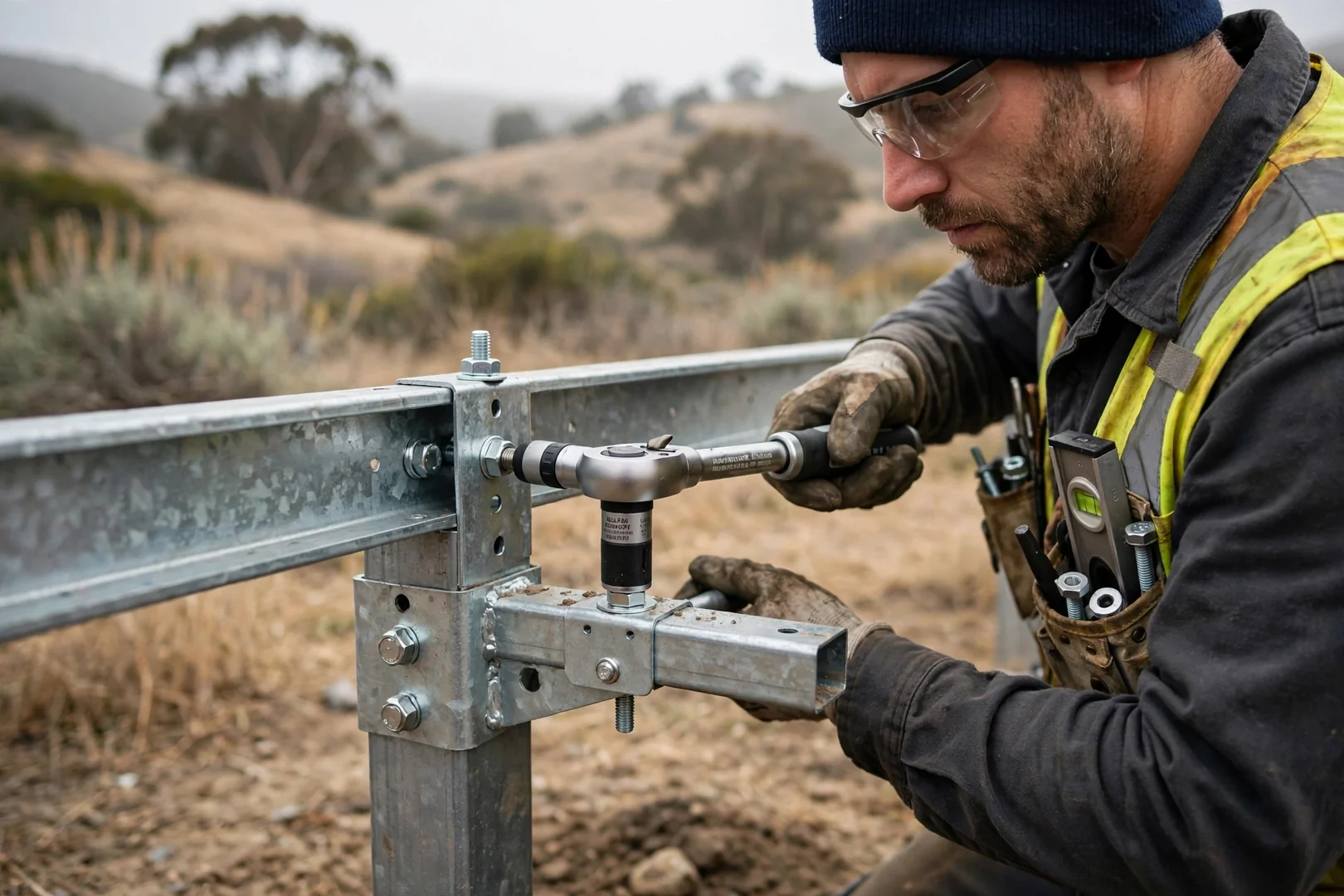 Close-up of galvanized steel racking rails torqued onto ground-mount posts