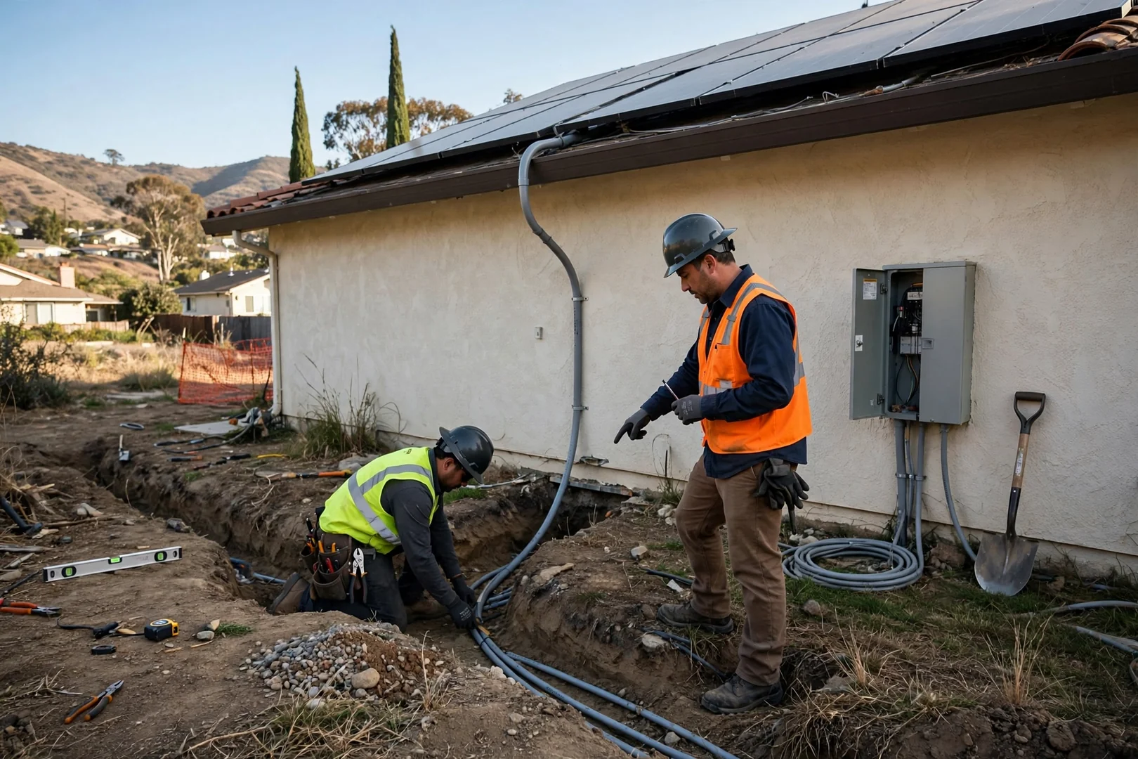 Open trench with conduit running from solar array toward a home service panel