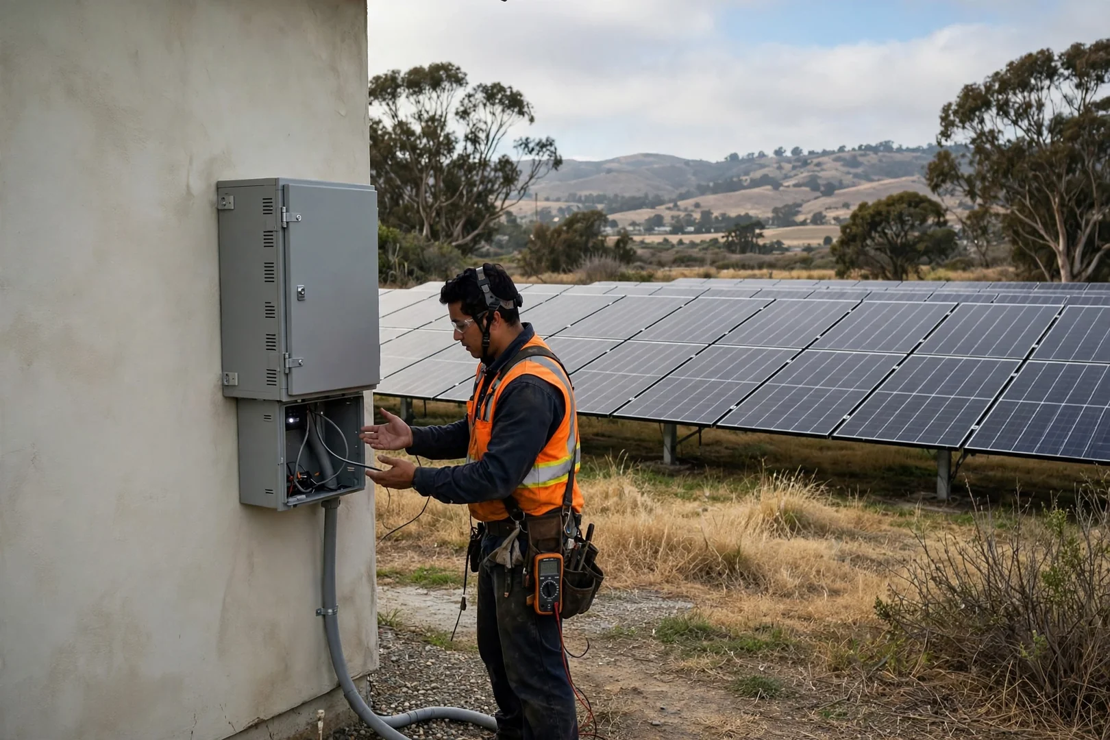 Wall-mounted battery cabinet beside a completed ground-mounted solar array