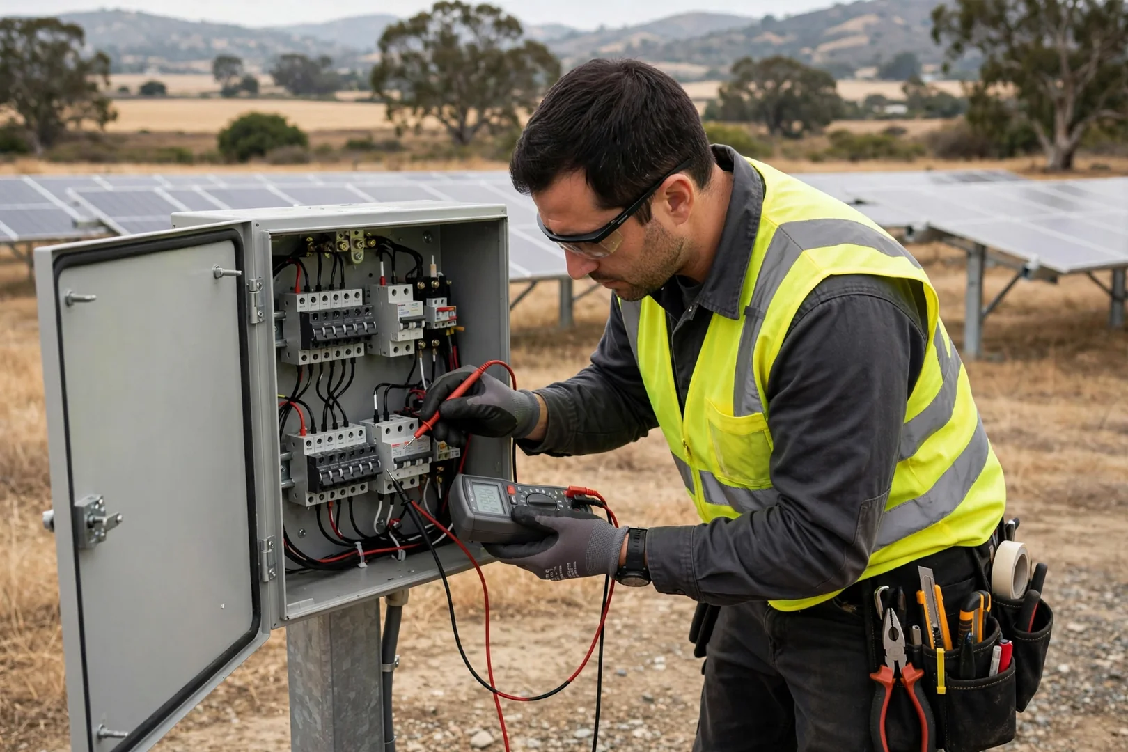 Technician testing string voltage at the combiner box of a ground array