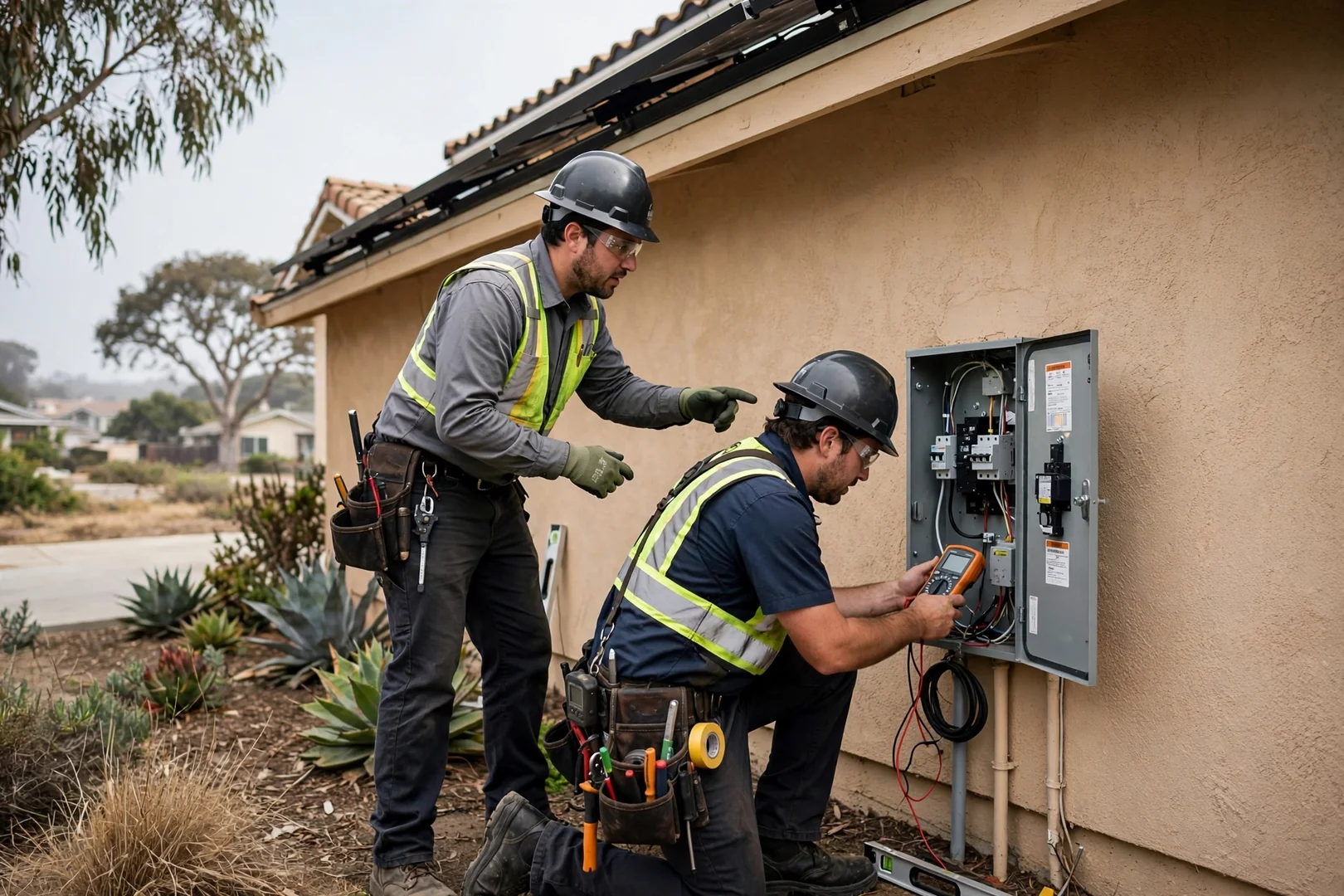 Installers setting steel piers for a ground-mounted solar array