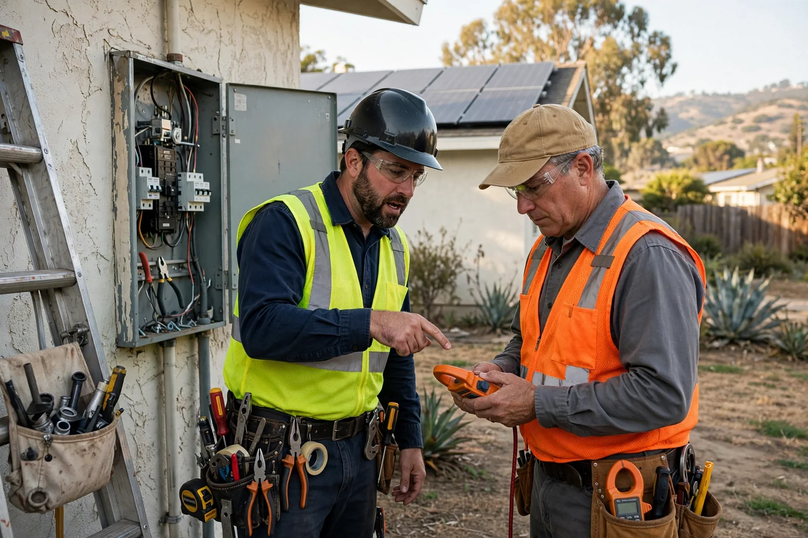 Estimator reviewing hybrid solar equipment costs and battery specifications on a clipboard at a Salinas property