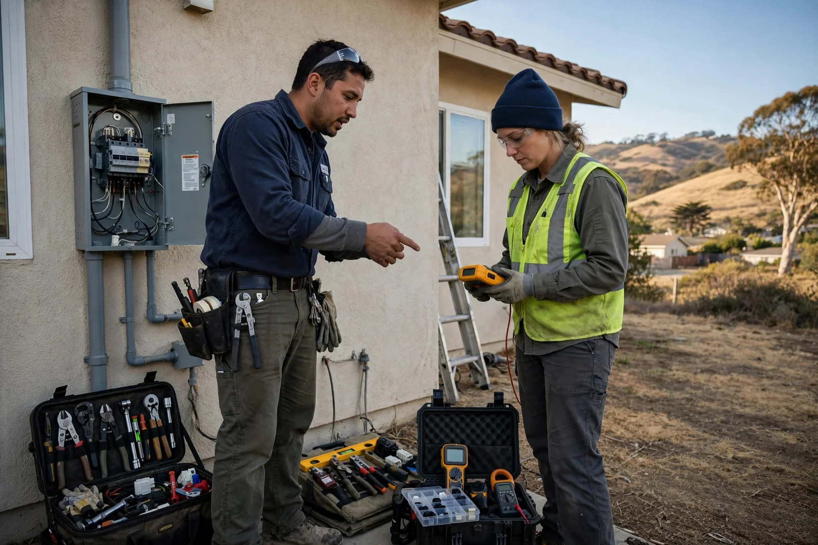 Technician reviewing hybrid solar battery and inverter plans with a Salinas homeowner