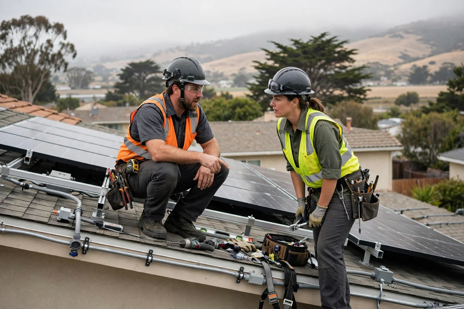 Technician wiring a hybrid inverter and battery cabinet beside a Salinas home garage panel