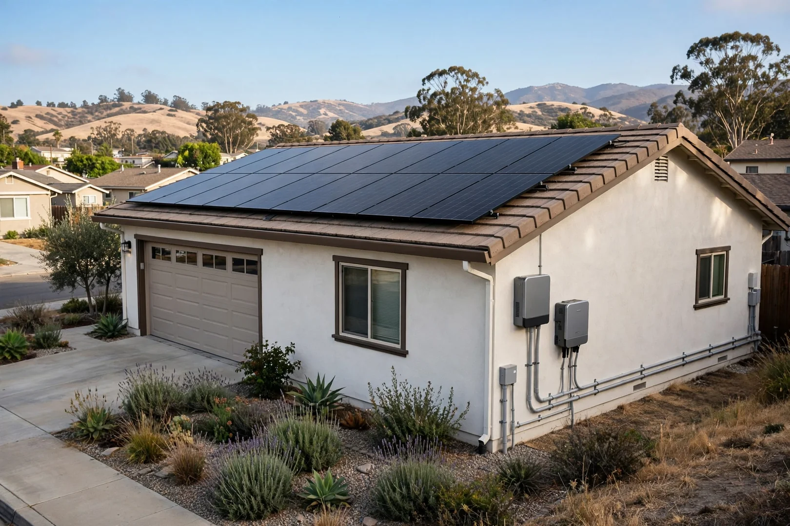 Completed hybrid solar array on a single-family Salinas rooftop with battery below