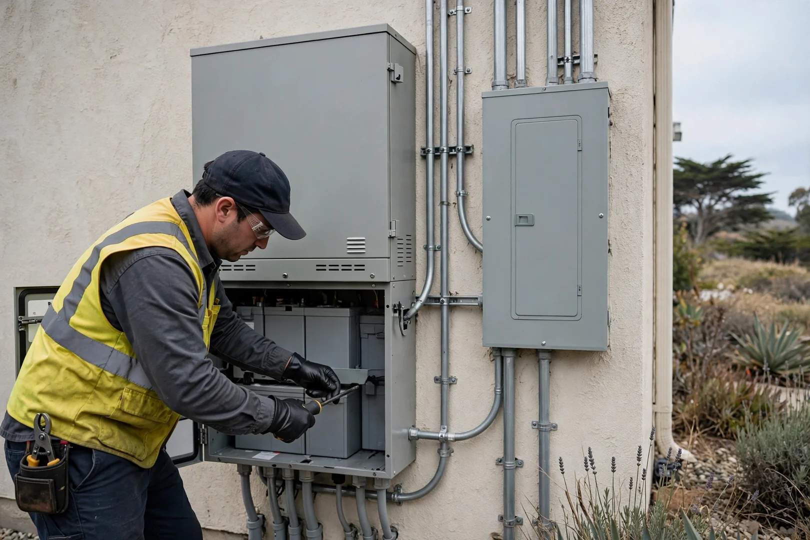 Battery storage unit installed beside a residential main service panel outdoors