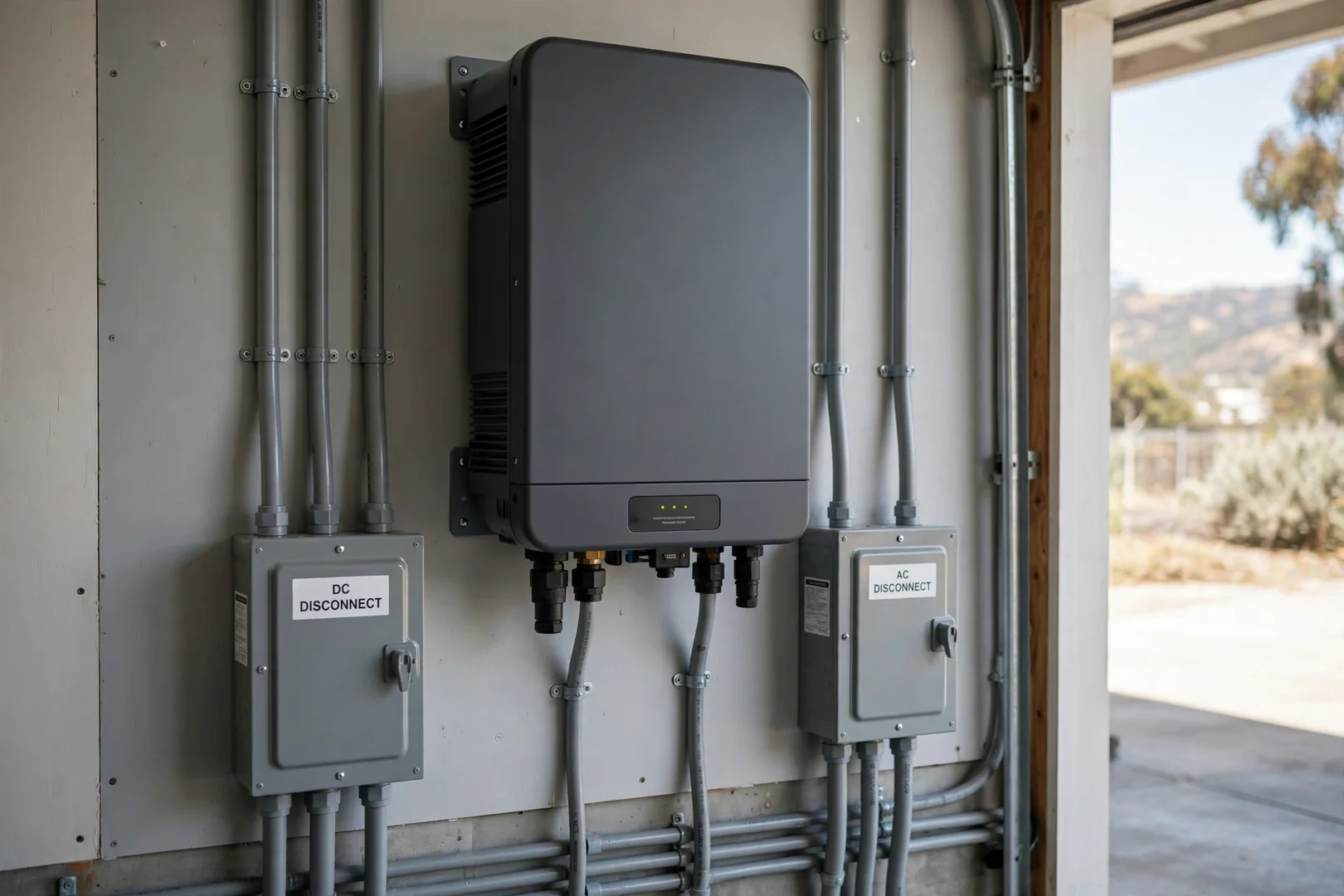 New hybrid inverter mounted on a garage wall with labeled DC disconnects