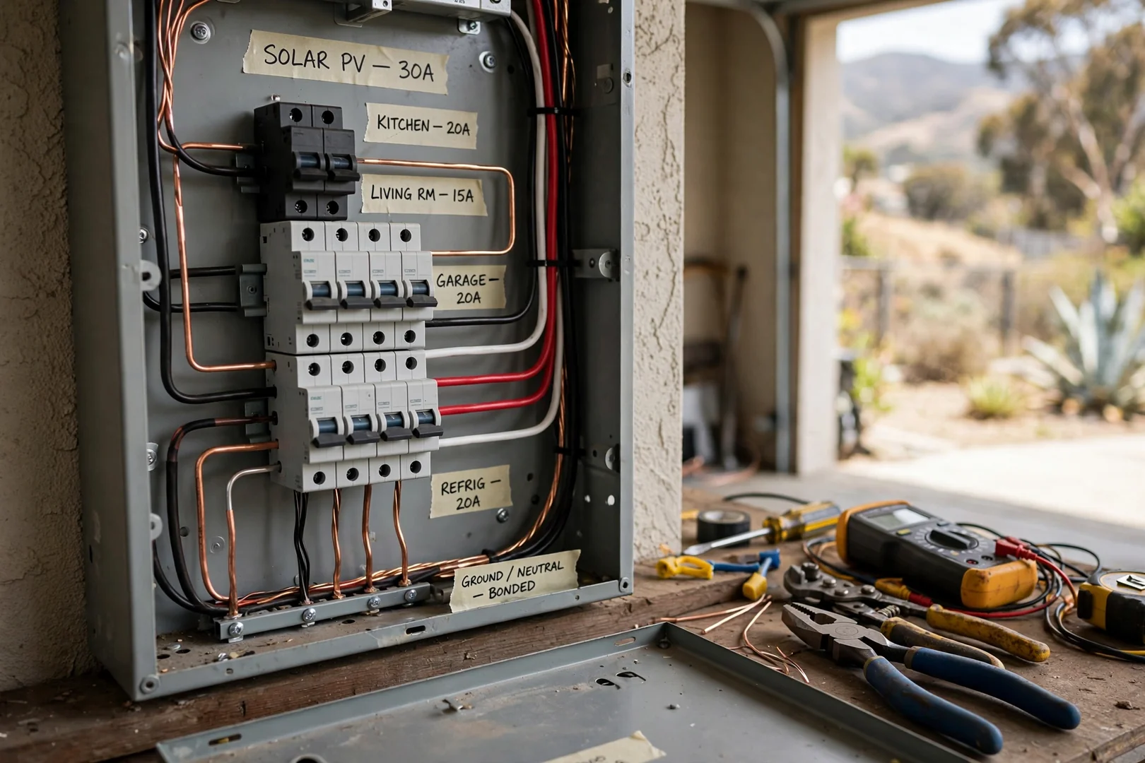 Open critical loads subpanel showing labeled breakers for hybrid solar backup circuits