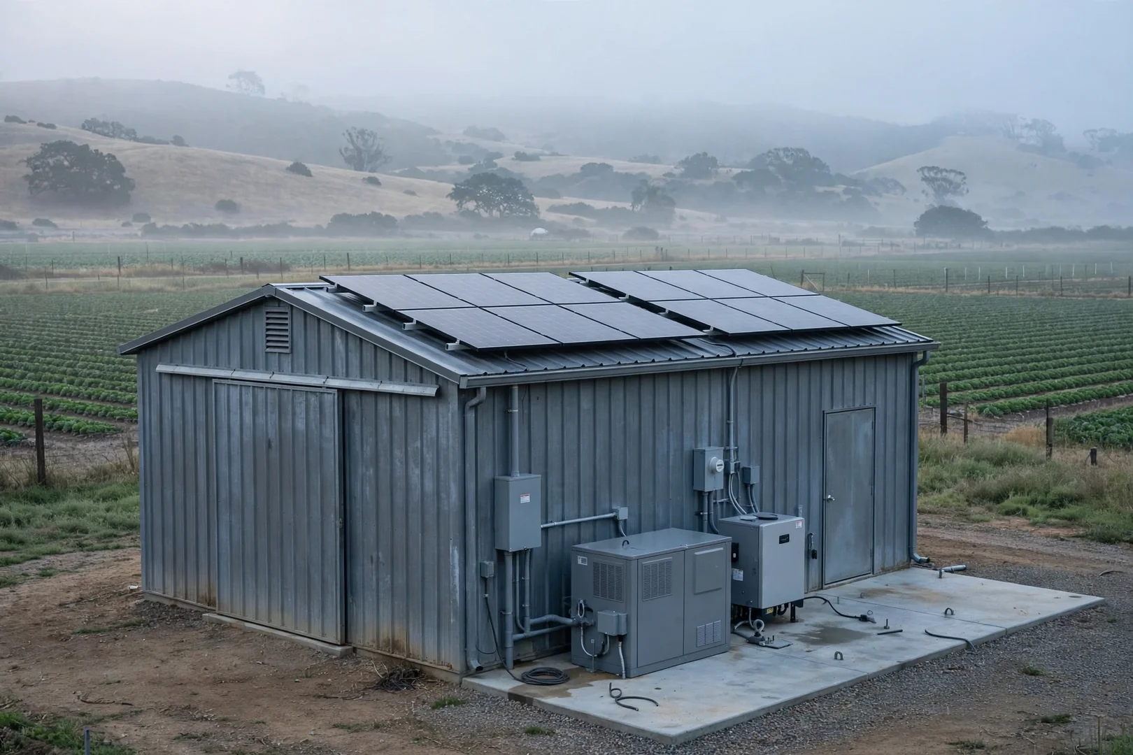 Hybrid solar equipment serving a metal ranch outbuilding in Salinas Valley farmland