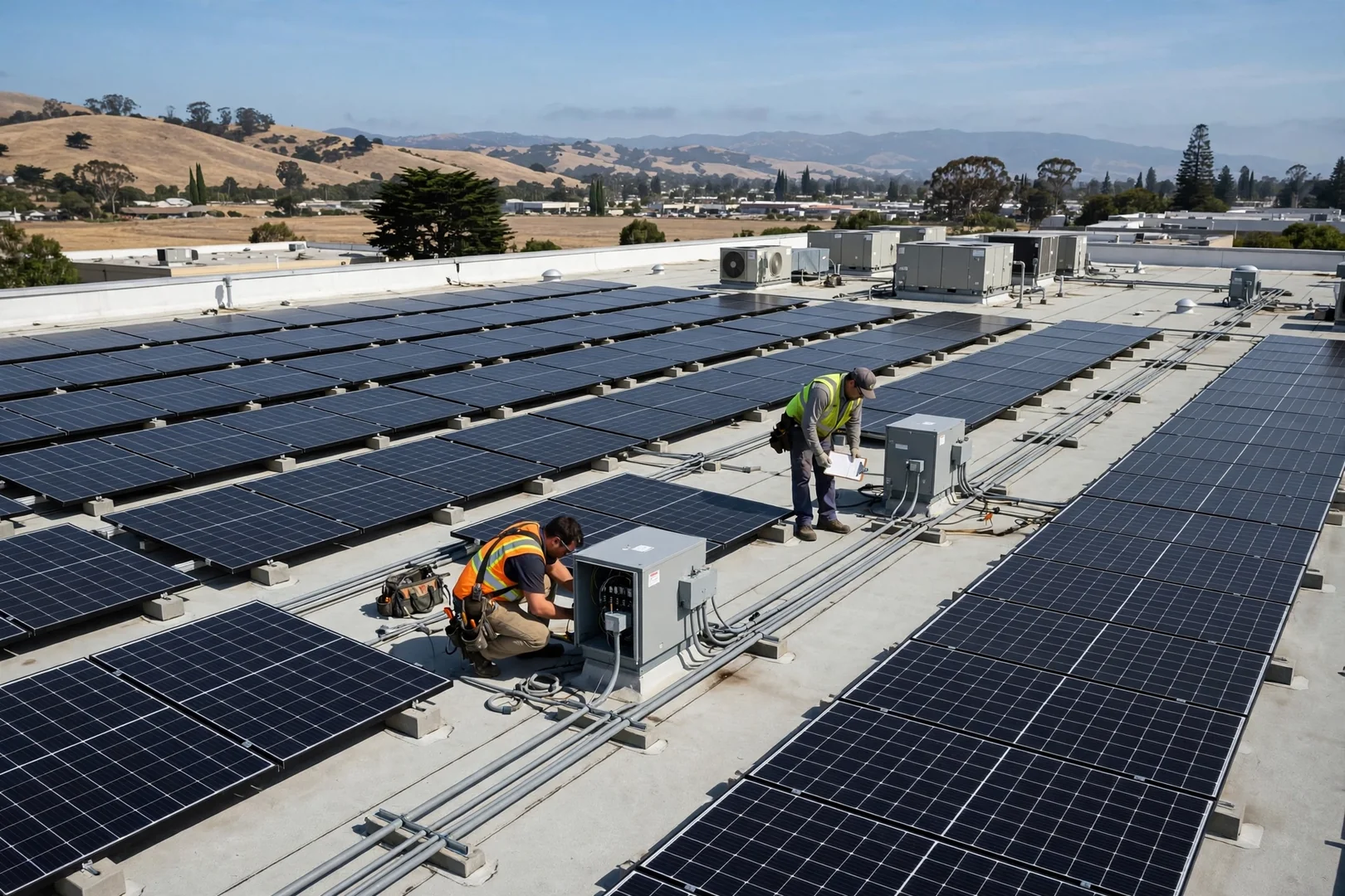 Flat roof commercial solar array with ballasted racking above a Salinas business