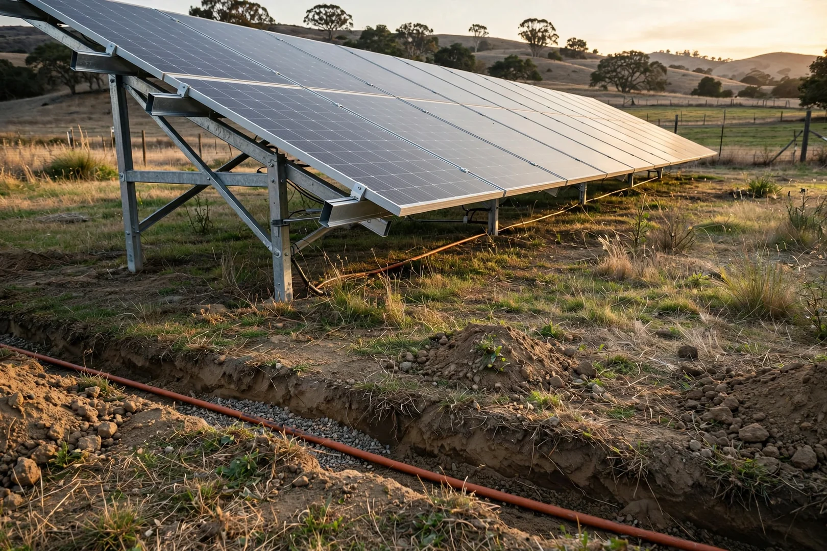 Ground-mounted solar array on steel racking in an open rural Salinas yard