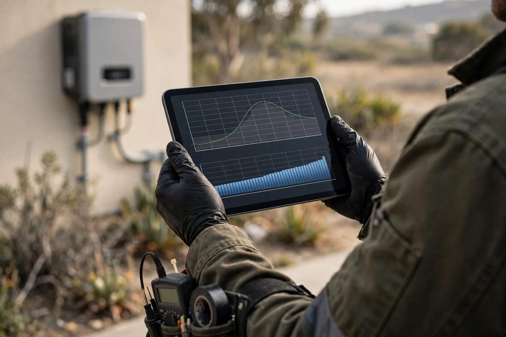 Technician checking hybrid solar monitoring data on a tablet during commissioning