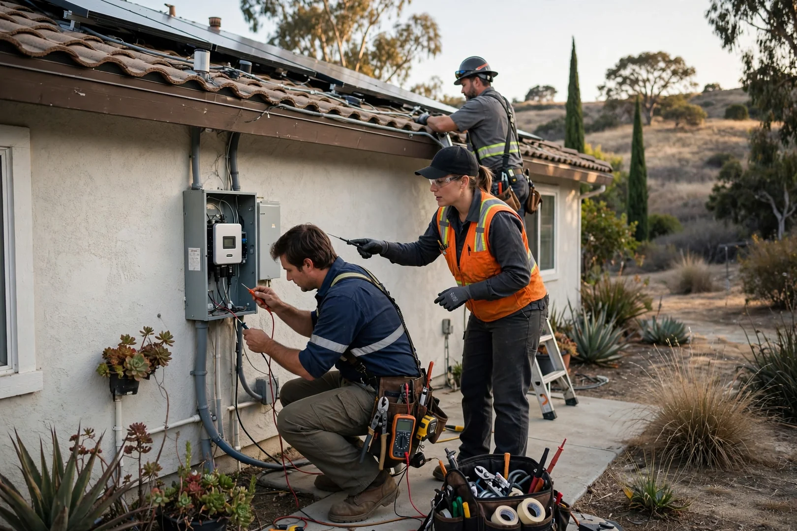 Technician wiring hybrid inverter and battery in Salinas garage