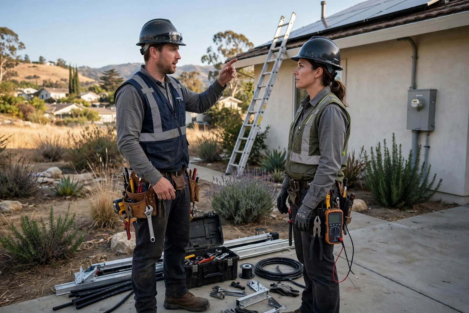 Solar estimator reviewing off-grid system load calculations and equipment pricing at a Salinas property