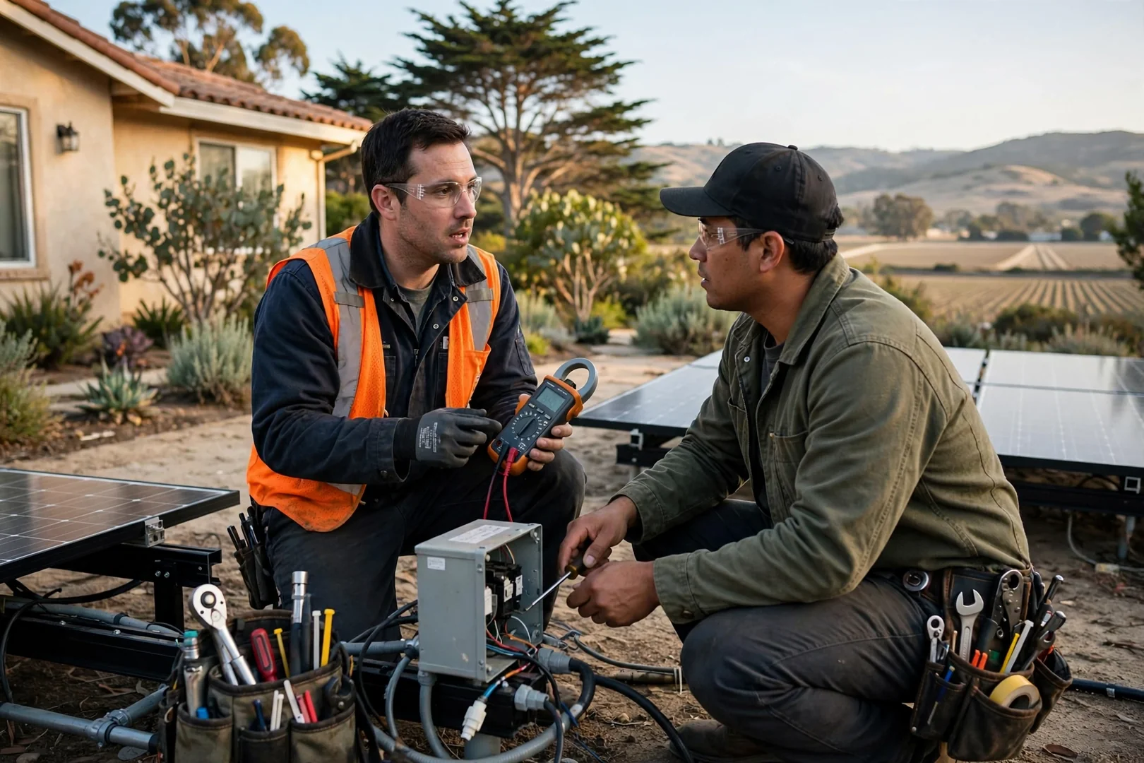 Off-grid solar array and battery bank at a rural Salinas property