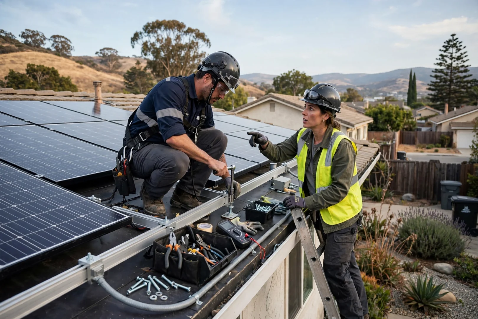 Technician wiring a battery bank and inverter for an off-grid solar system near Salinas