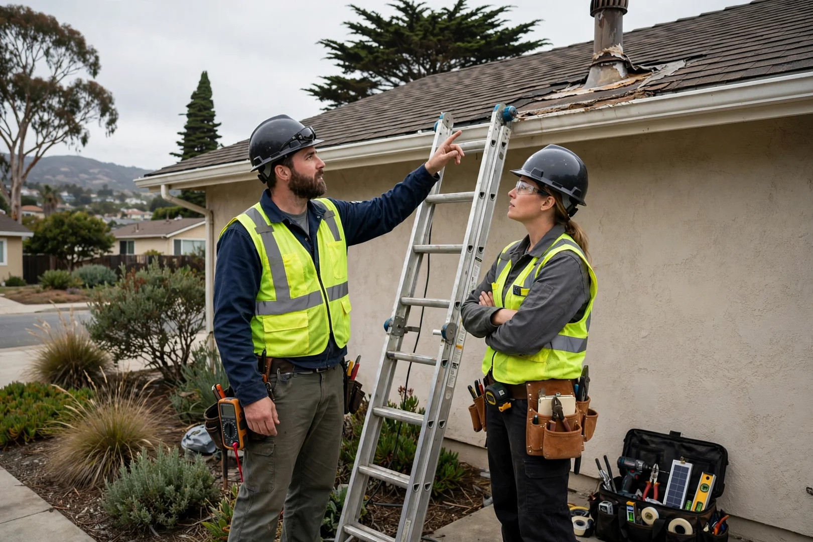 Off-grid solar array and battery enclosure at a rural Salinas property
