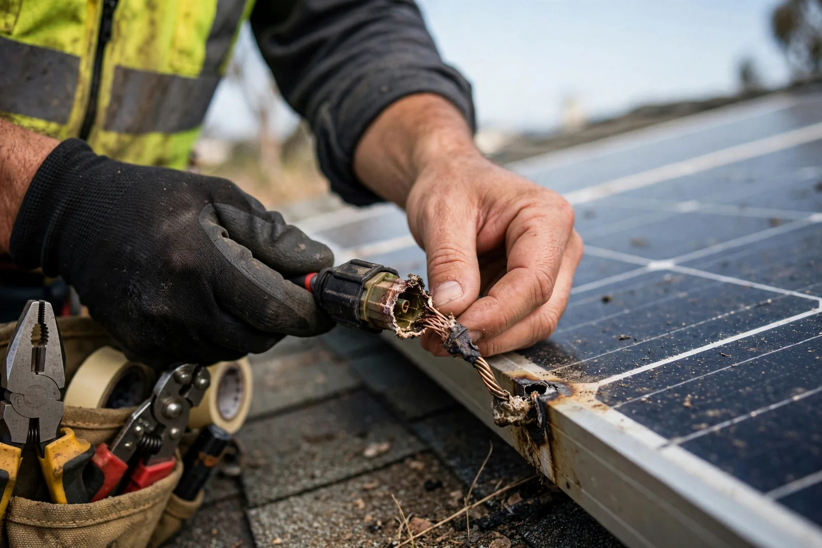 Technician checking charge controller wiring inside an off-grid power shed