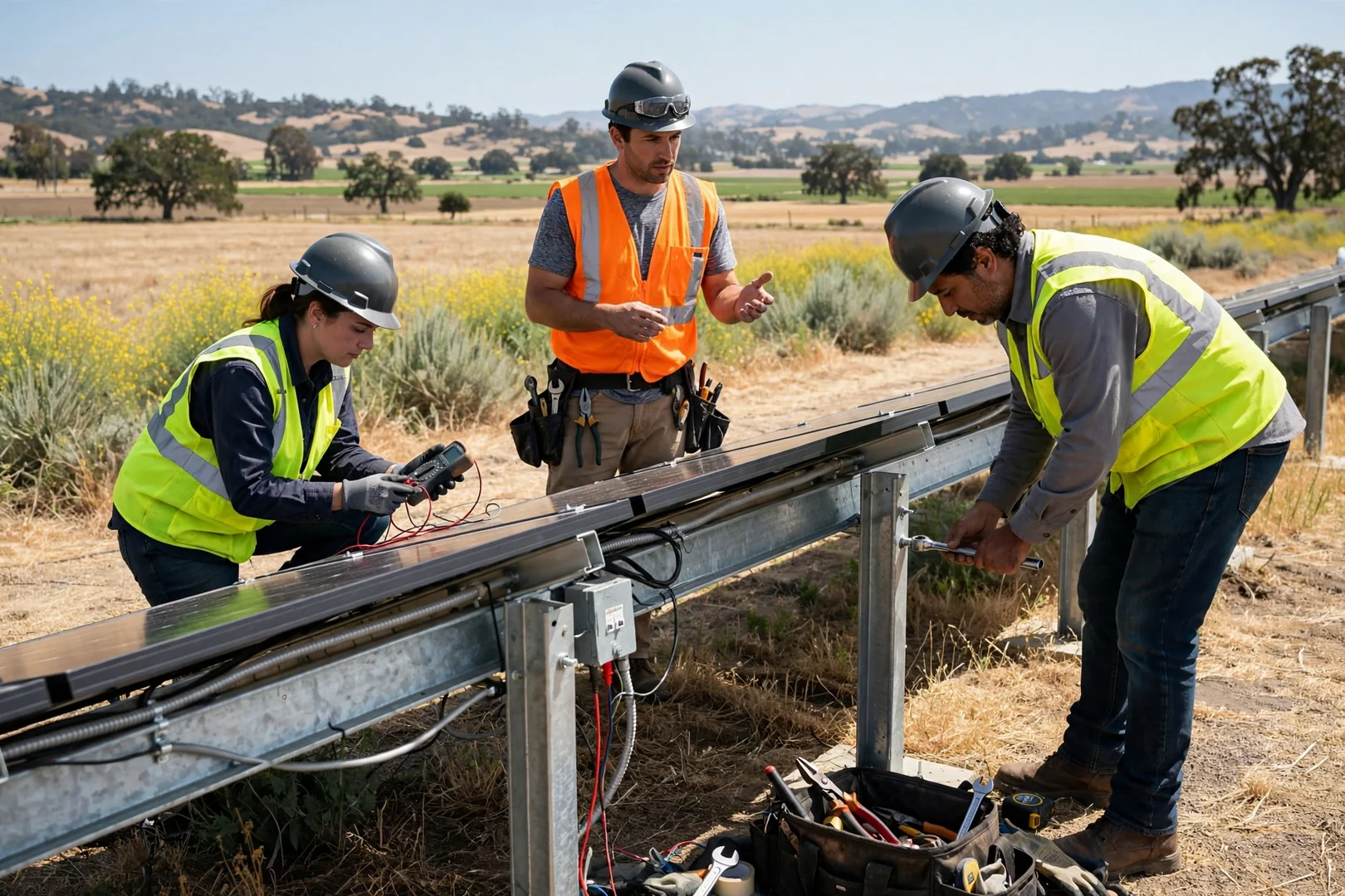 Ground-mounted off-grid solar array on open land outside Salinas at midday