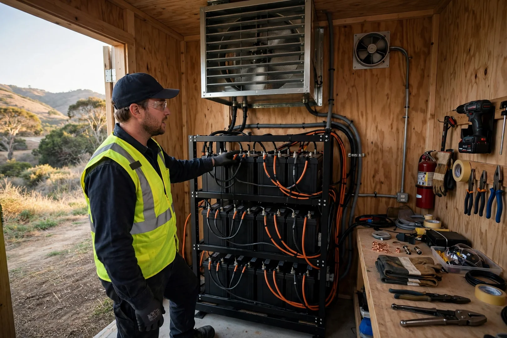 New lithium battery bank mounted in a ventilated off-grid power shed