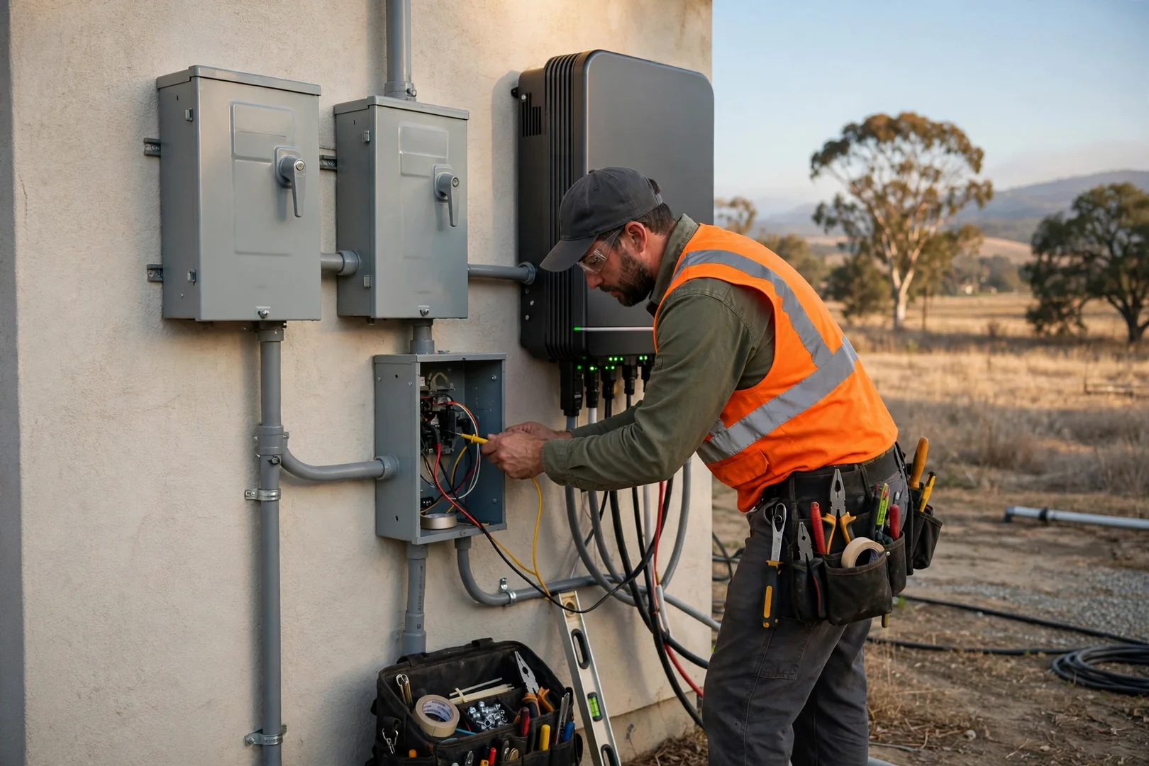 Wall-mounted hybrid inverter and disconnects wired for well pump surge loads