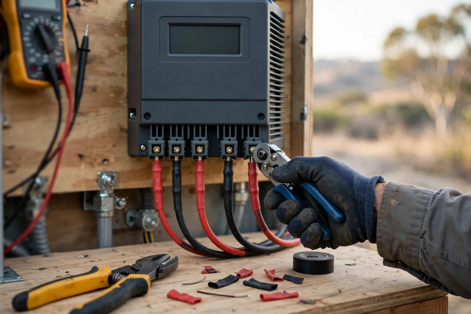 Close-up of newly installed MPPT charge controller with labeled DC conductors