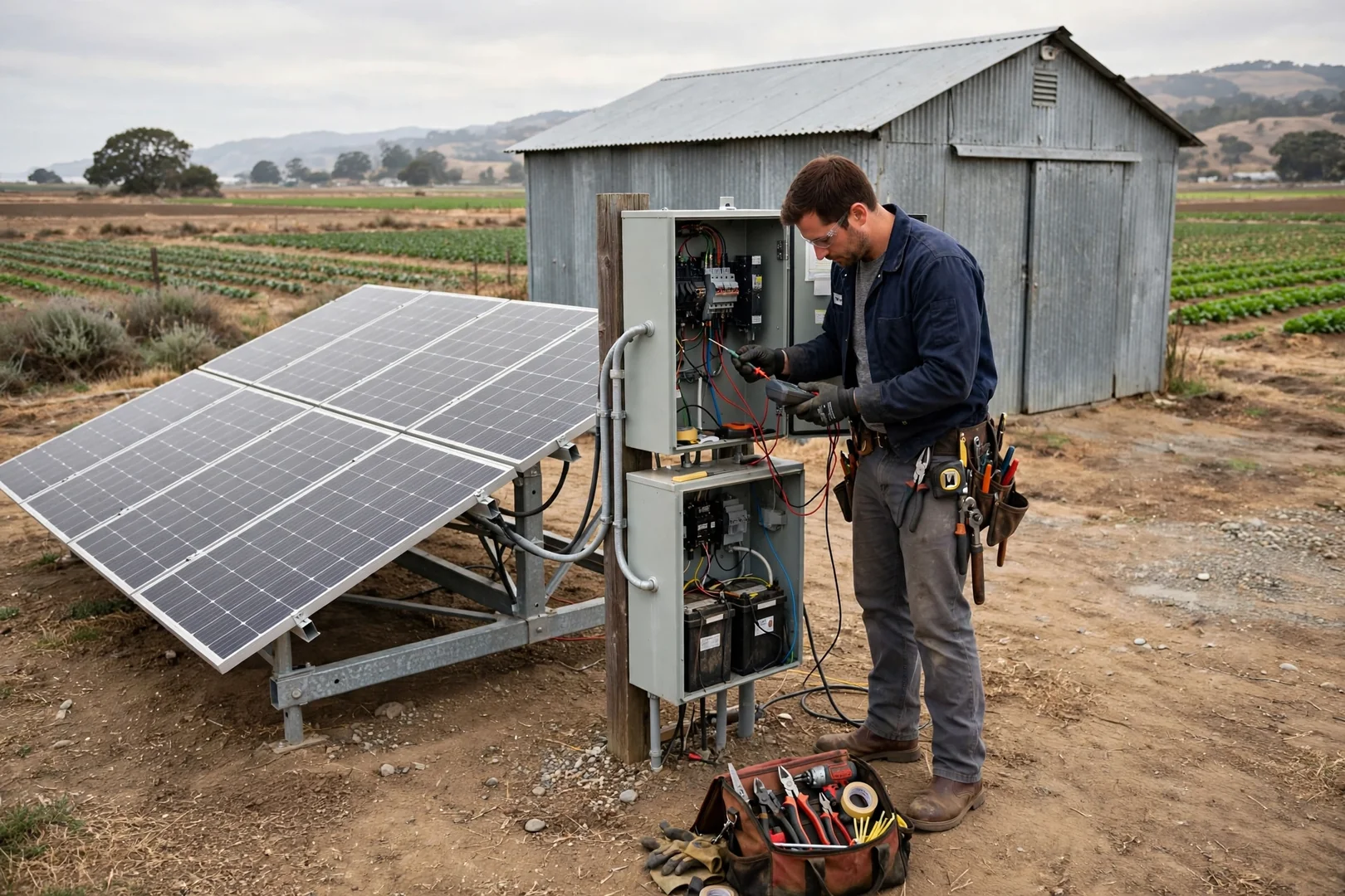 Standalone solar system powering a metal ranch outbuilding near Salinas farmland