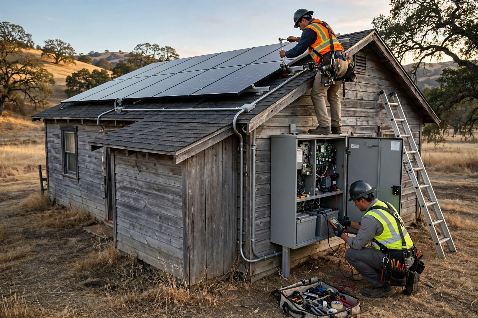 Roof-mounted solar modules and exterior battery enclosure on an older rural house