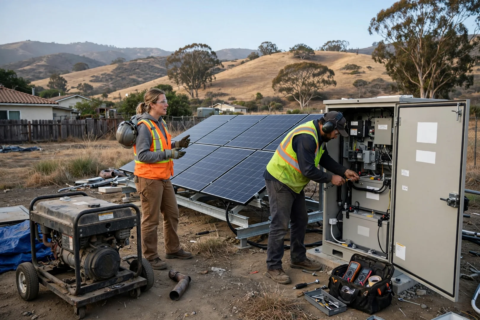 Old generator removed beside new off-grid solar array and battery cabinet