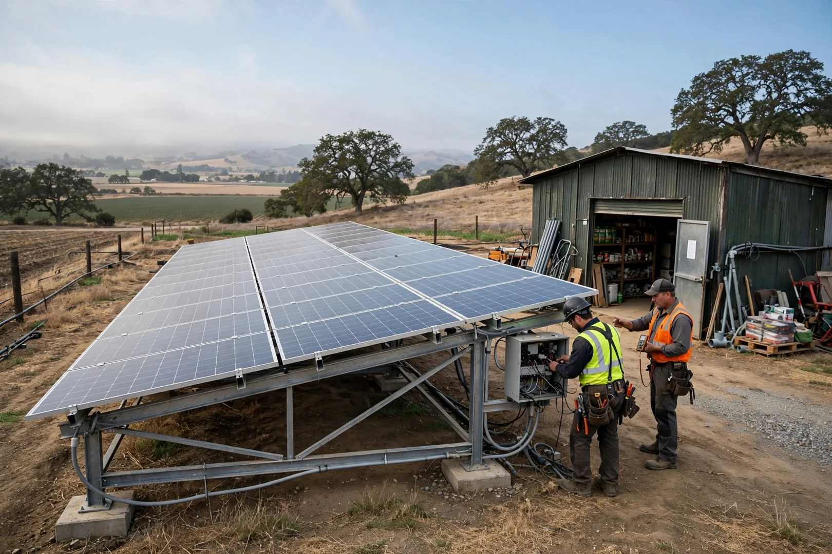 Wide view of off-grid solar racking serving a small agricultural shop building