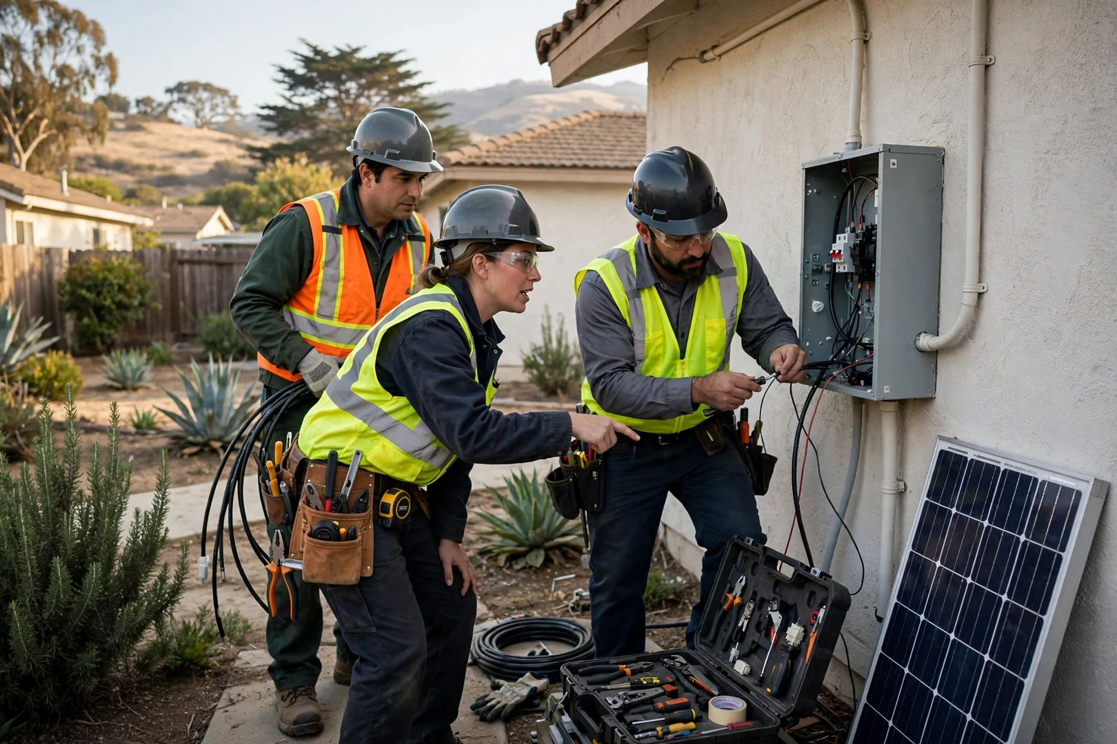Technician wiring an off-grid battery bank in a Salinas garage