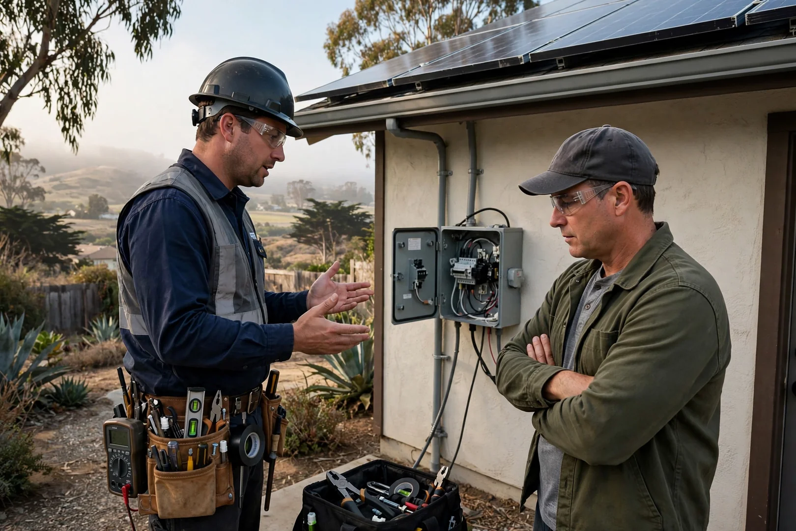 Technician reviewing rooftop solar layout plans with a Salinas homeowner