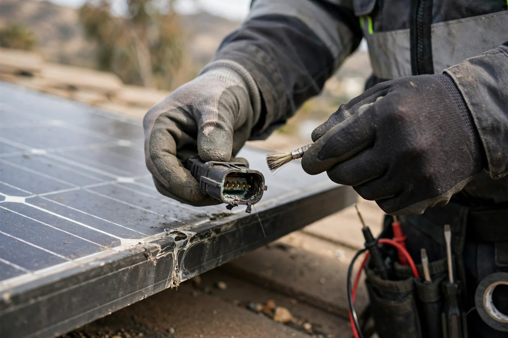 Technician checking main service panel capacity before solar installation