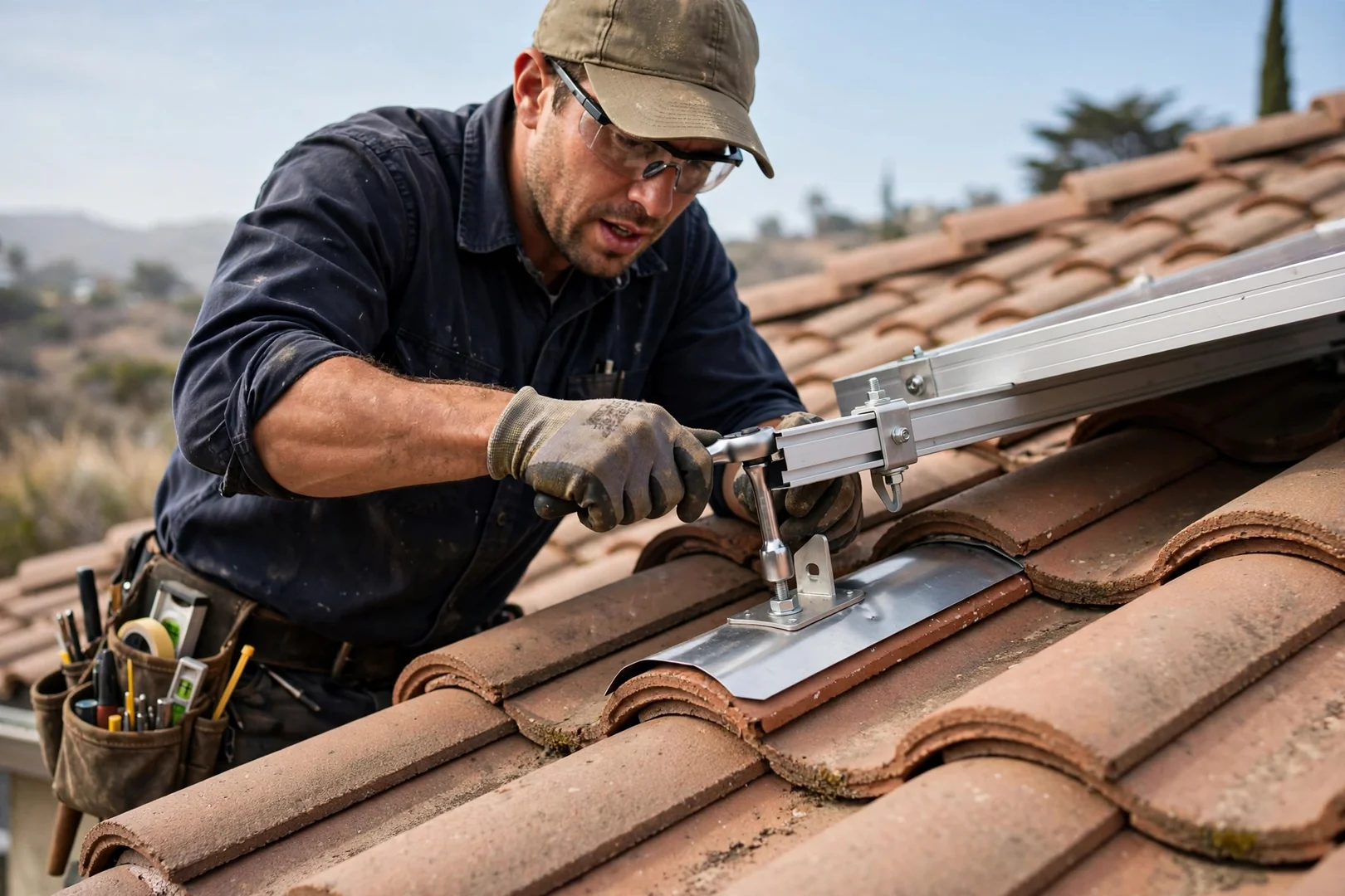 Close-up of tile roof hooks and flashing supporting solar rails
