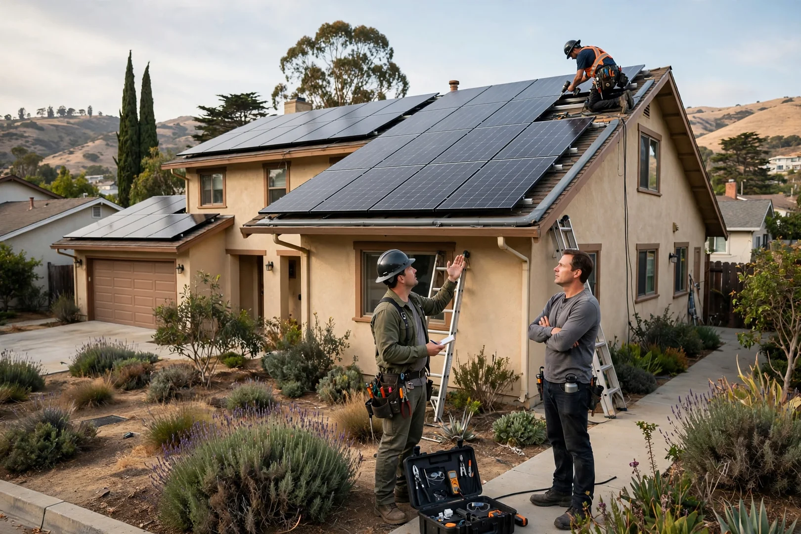 Wide view of two-story Salinas home with new rooftop solar modules