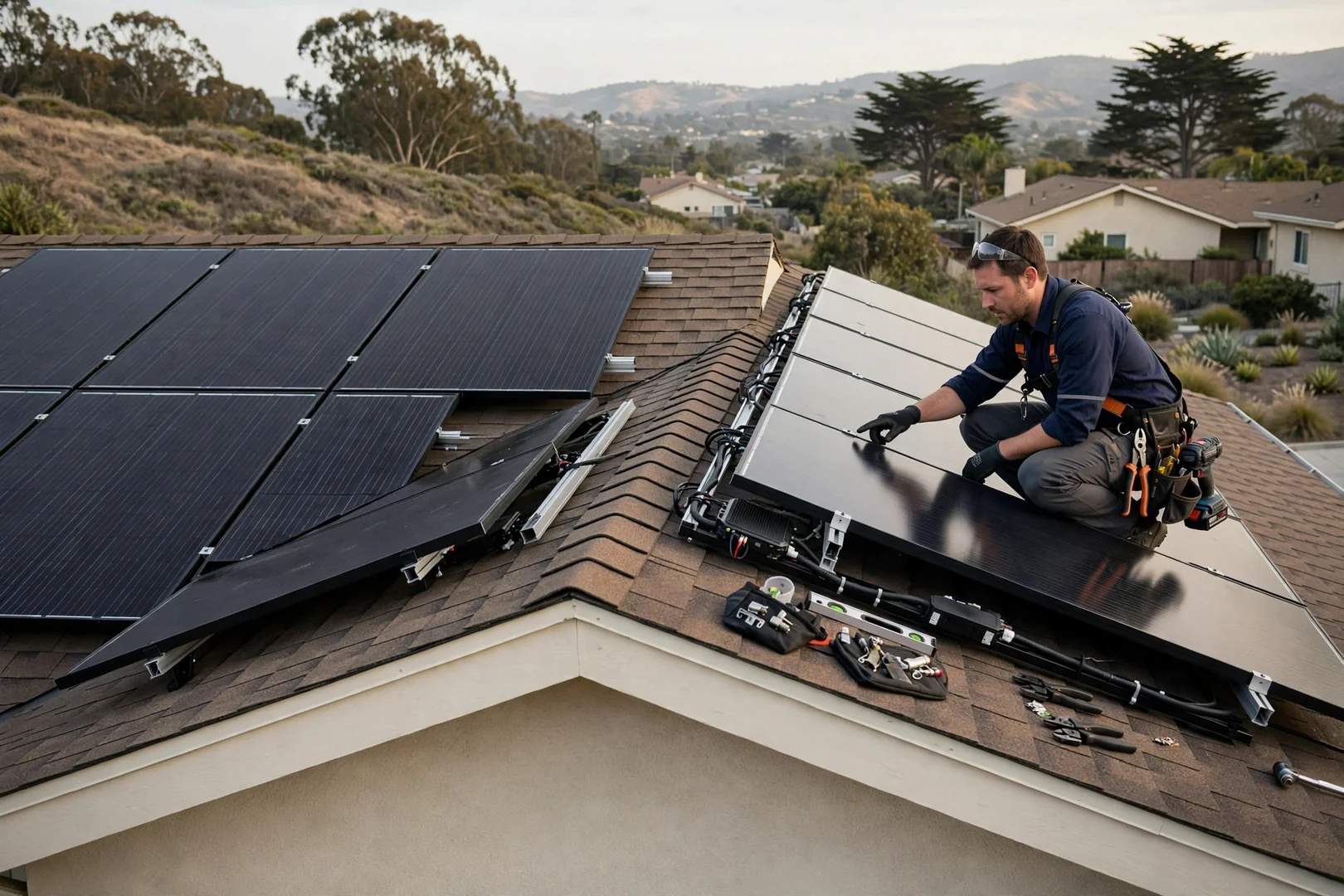 Solar modules split across two roof planes with microinverters attached